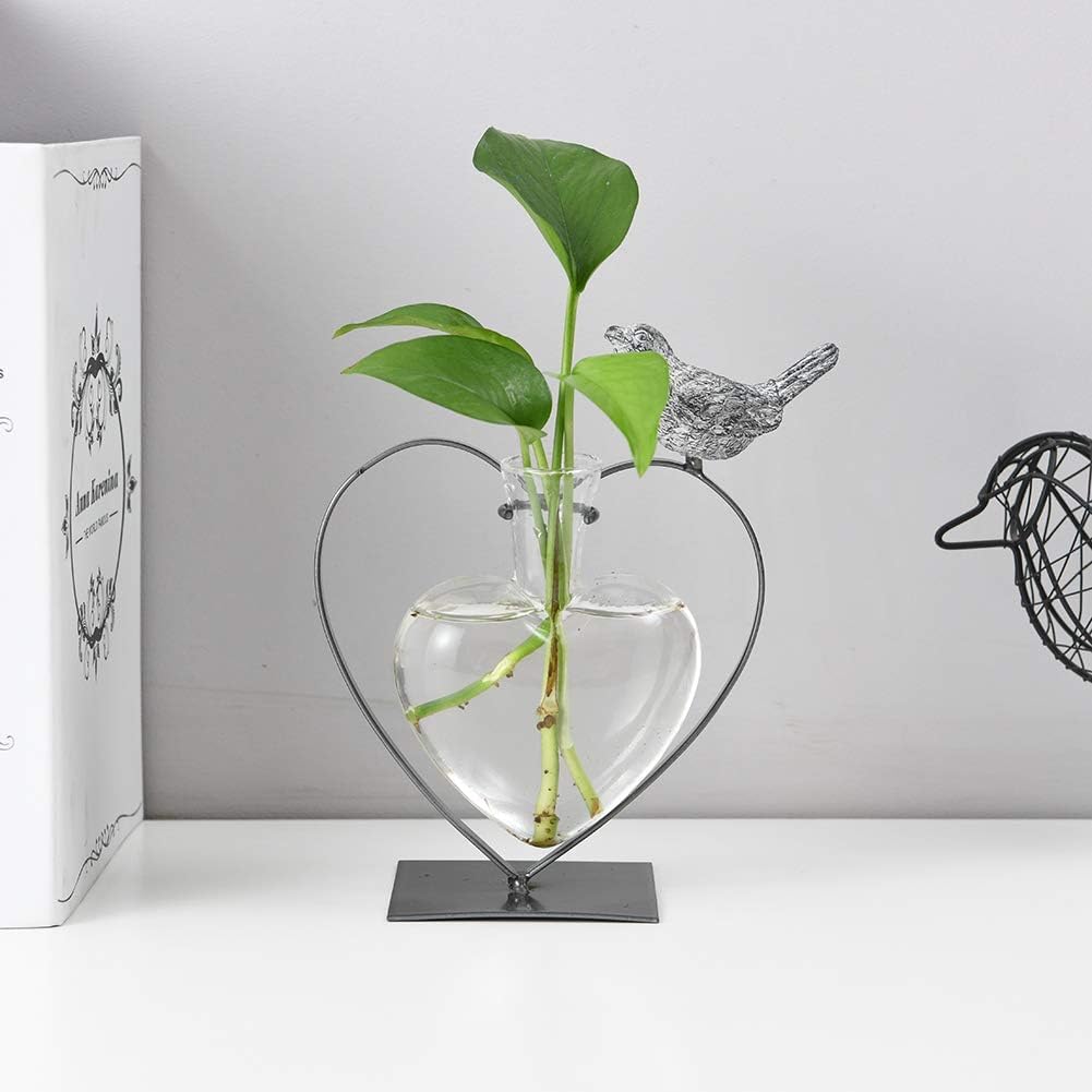 Marbrasse Desktop Glass Vase, Bulb Glass Vases for Holder, Creative Bird with Heart Planter Vase, Plant Terrarium Metal Stand for Modern Office Home Wedding Decorations