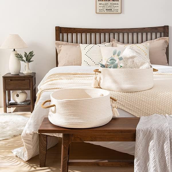 KAKAMAY Woven Baskets for Storage(16"x8"),Blanket Basket for Organizing Living Room,Cotton Rope Basket Woven Baby Laundry Hamper,Collapsible Laundry Room Organization,Clothes,Toy Chest(White)