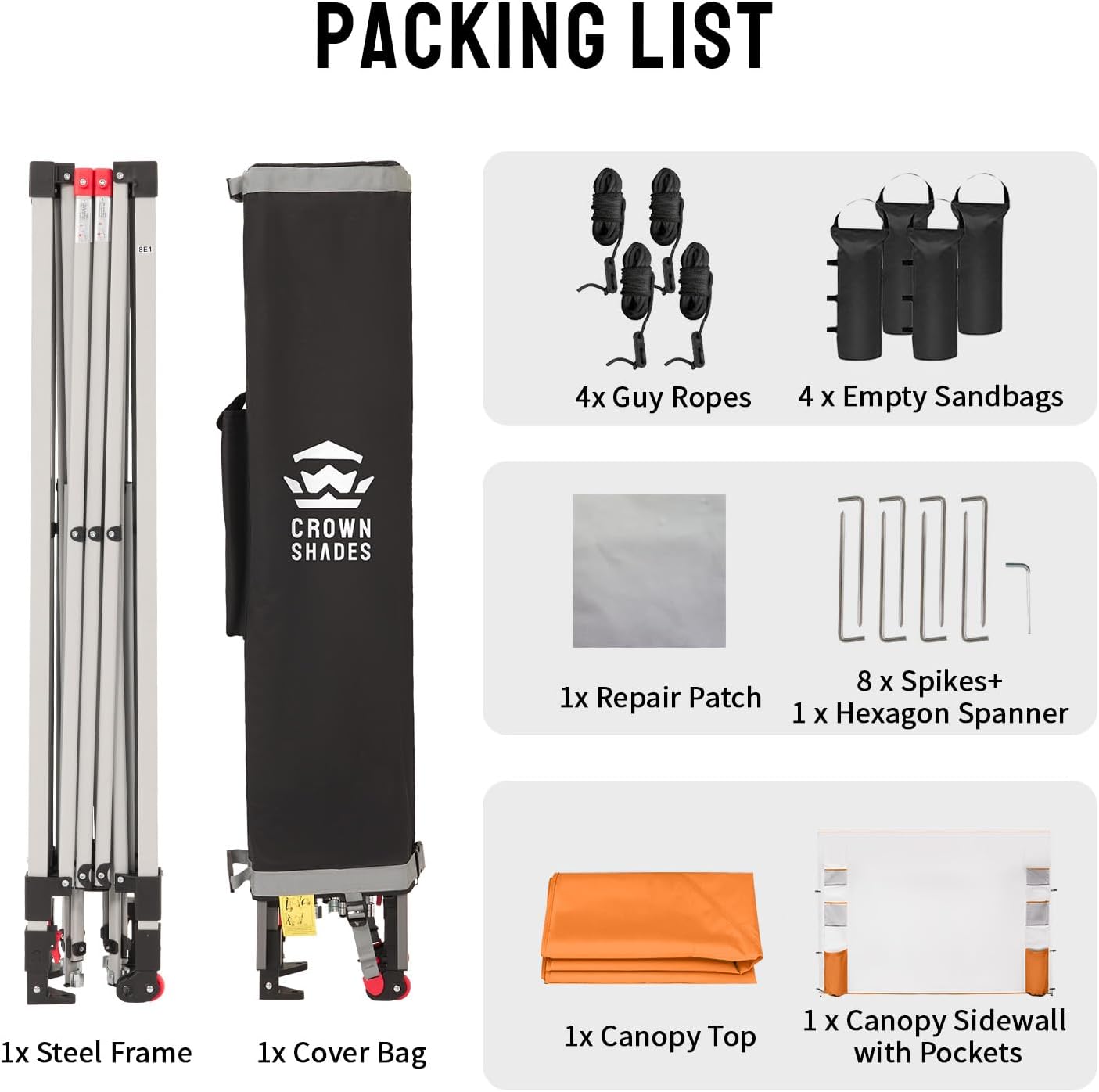 CROWN SHADES Canopy Tent, 10 x 10 Foot Portable Pop Up Outdoor Shelter with Pocket Sidewall, Push Center Lock, UV Protection, and Carry Bag, Orange