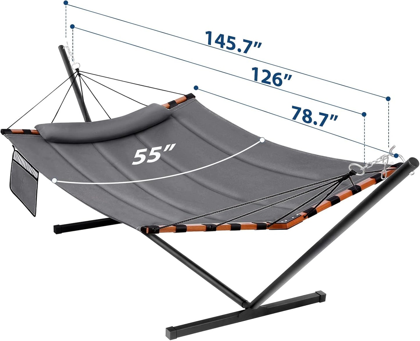 TegerDeger 12FT 2 Person Hammock with Stand Included 55 x 79IN Large Hammock 450LB Capacity with Hardwood Spreader Bar & Nylon Rope for Outside, Patio, Garden, Backyard, Beach, Poolside - Gray