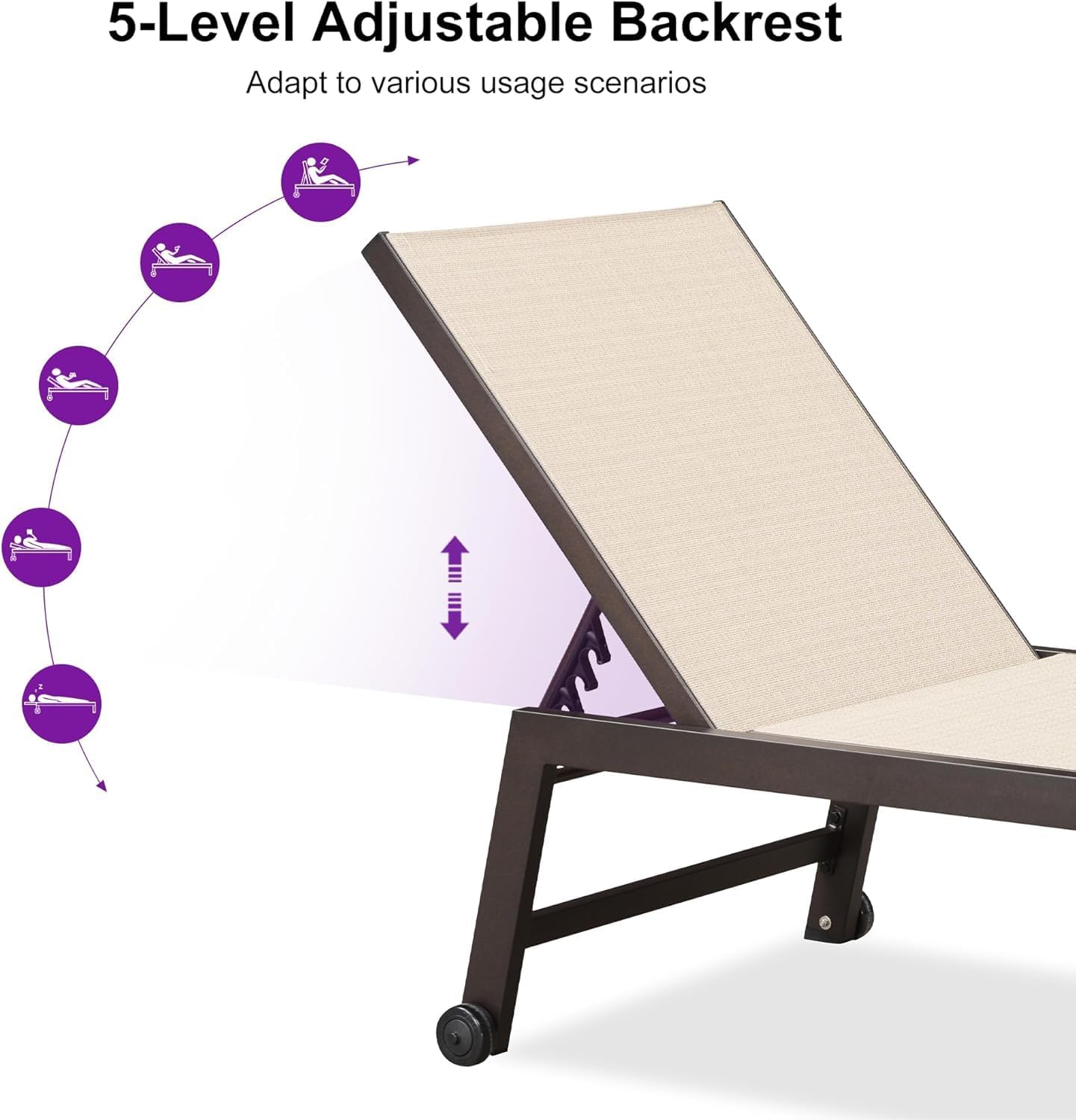 PURPLE LEAF Oversized Patio Lounge Chairs Set of 3, Reclining Pool Lounge Chairs with Side Table and Wheels for All Weather for Outdoor, Deck, Lawn, Aluminum Outside Pool, Cream