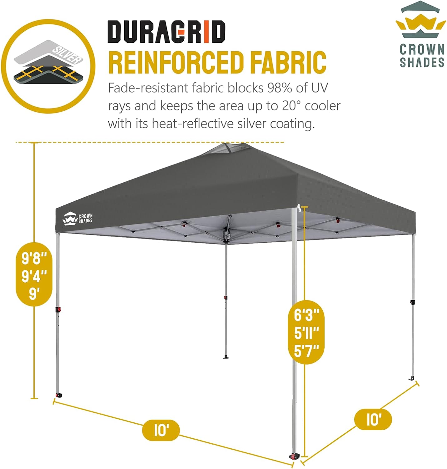 CROWN SHADES 10x10 Pop Up Canopy - Beach Tent with One Push Setup - Easy Outdoor Sun Shade Shelter for Events, Parties - Gazebo with STO-N-Go Cover Bag, Silver Coated Top, Grid Grey