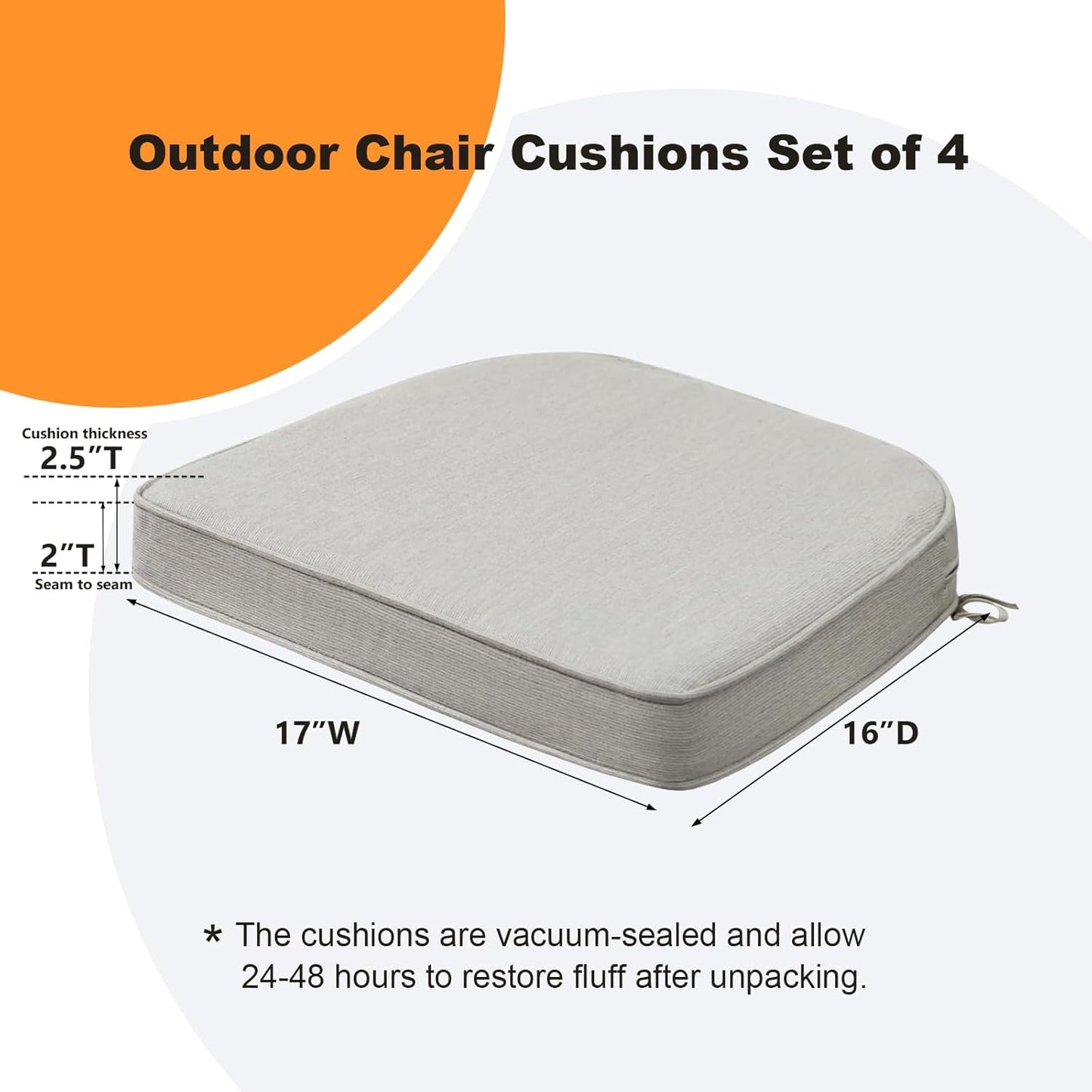 Sunbrella Round Corner Seat Cushions, 17" x 16" x 2", Set of 4, Indoor Outdoor Water Repellent Universal Chair Pads with Ties for Patio Furniture, Garden Dining Chairs, Specrtum Pebble