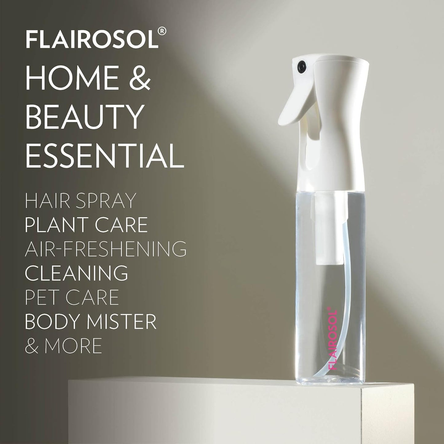 FLAIROSOL - The Original, Continuous Ultra Fine Mist Spray Bottle, Multi-Tasking Marvel for Hair, Skin, Home, Pet Care and more, Refillable and Reusable, 10.1oz/300ml (Clear Bottle-Pink Print)