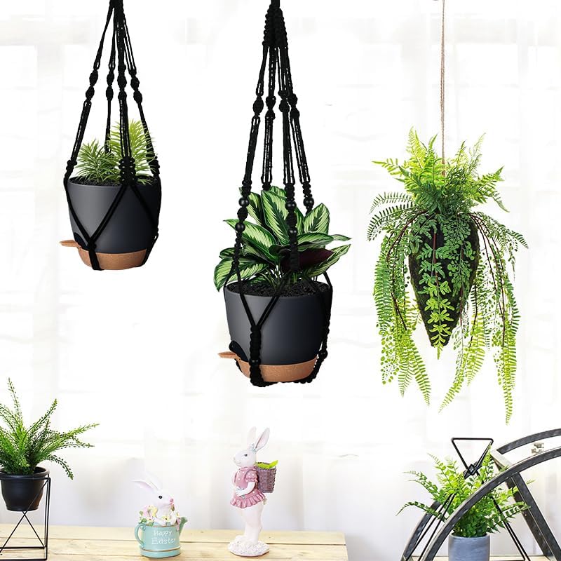 3 Pack Self Watering Hanging Planters Macrame Plant Hangers with Indoor Flower Pots, 3 Different Size Hanging Basket, Plant Hanger with Hooks for Garden Home Decor Black
