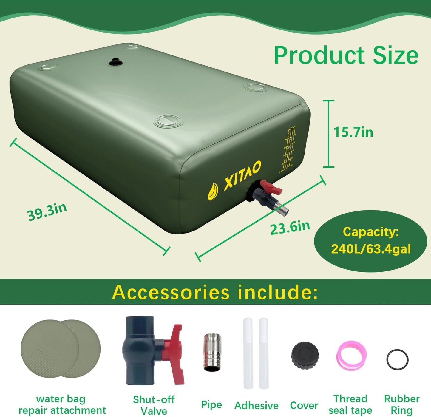 XITAO Water Storage Bladder w/Water Level Indicator, Large Capacity Foldable Water Storage Containers, Portable Emergency Water Tank Water Bag for RVs, Fire Prevention, Irrigation (63Gal)