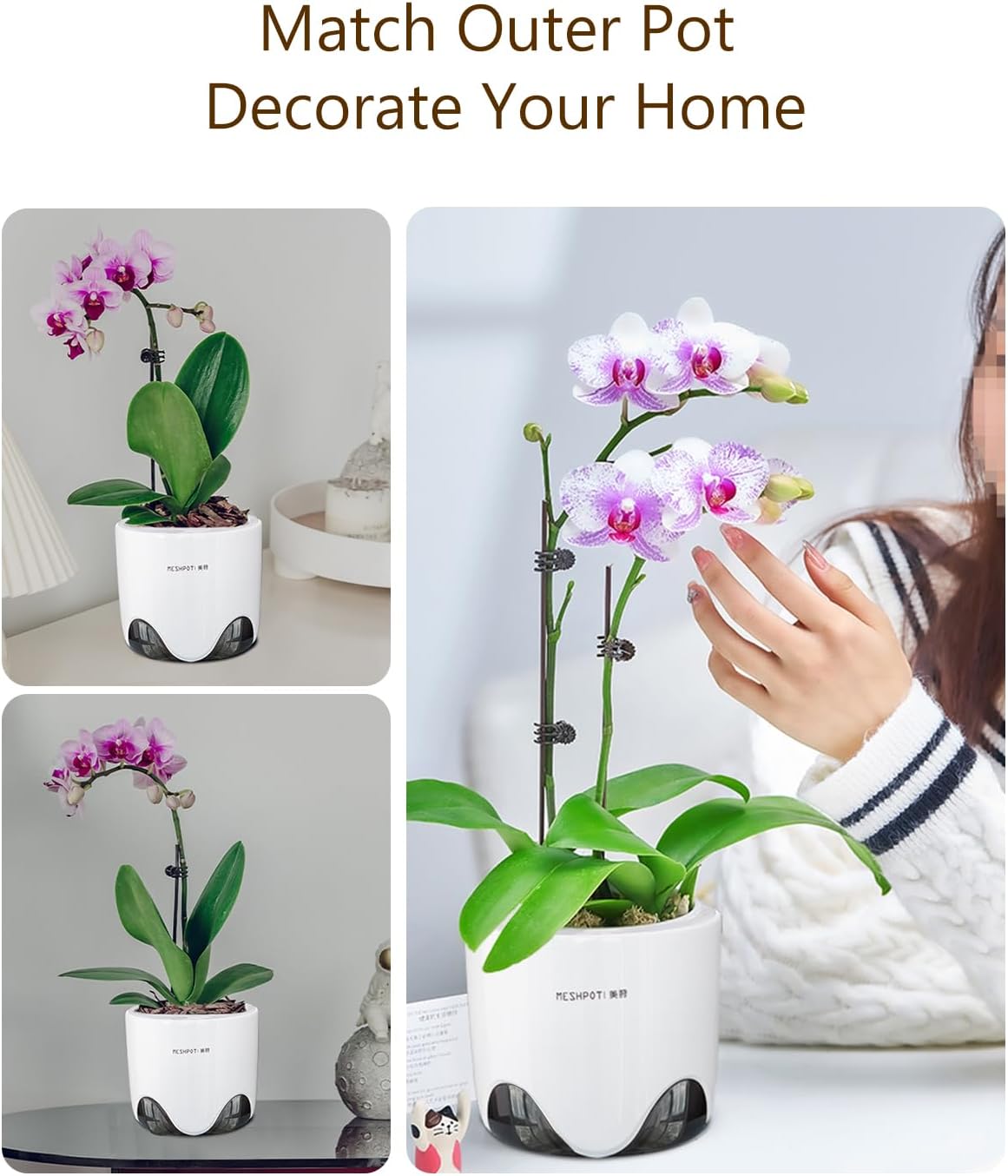 6 inch Orchid Pots with Holes for Repotting with Excellent Airflow, Set of 1, Double Layer Plastic Imitate Ceramic Orchid Planter, Clear Orchid Pot Match Decorative Orchid Container