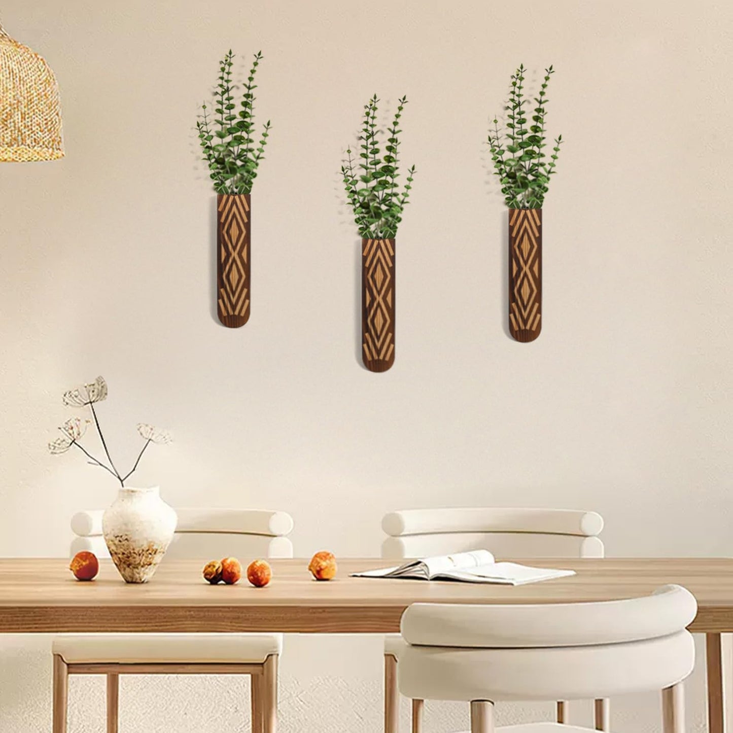 Wooden Wall Planter Set of 3 - Modern Bohemian Home Decor for Living Room, Bedroom, Bathroom - Versatile Walnut Finish Planter for Dried Flowers, Faux Greenery, and Indoor Plants