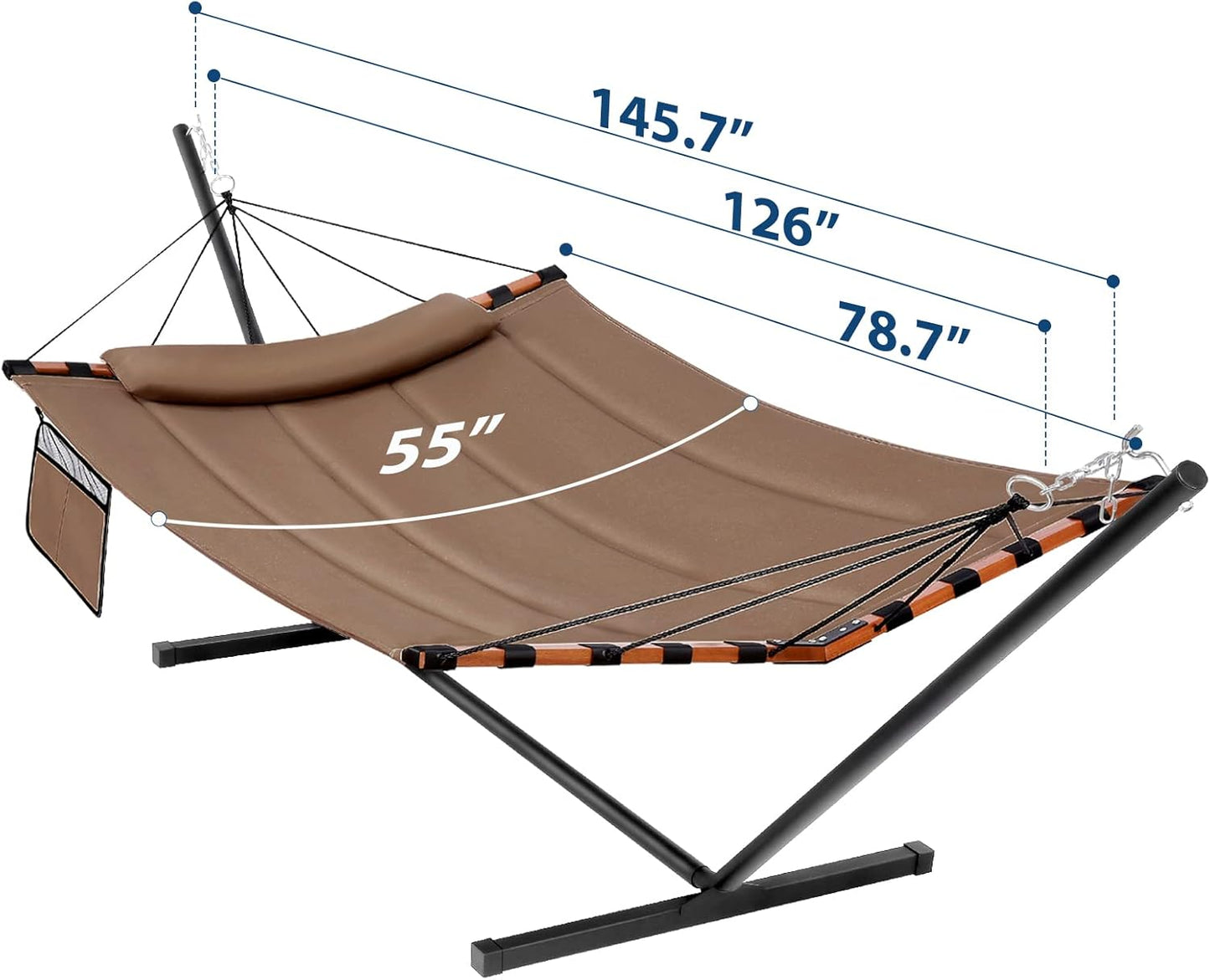 TegerDeger 12FT 2 Person Hammock with Stand Included 55 x 79IN Large Hammock 450LB Capacity with Hardwood Spreader Bar & Nylon Rope for Outside, Patio, Garden, Backyard, Beach, Poolside - Brown