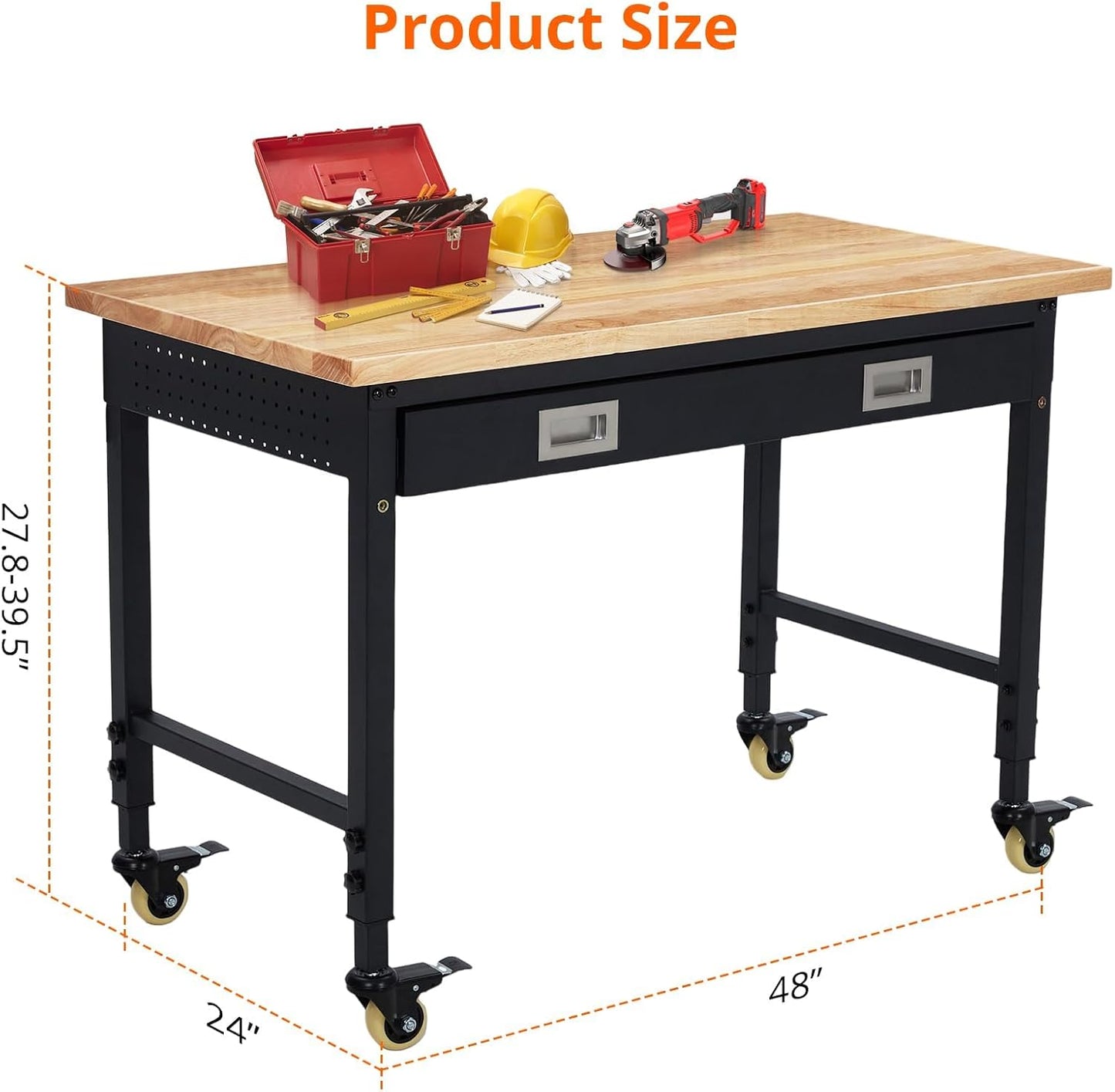 48x24 Inch Heavy-Duty Adjustable Workbench with Rubber Wood Top – 2000LB Capacity Mobile Garage Workstation with Drawer, Ideal for Workshop, DIY & Tool Storage