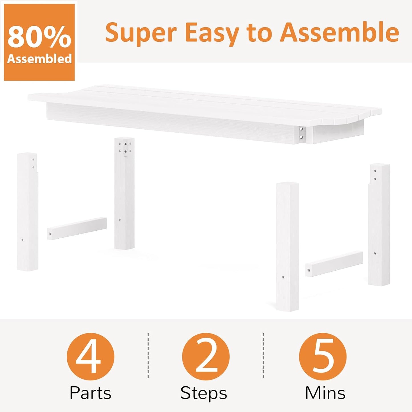 Outdoor Bench, 2-Person Patio Backless Bench Holds up to 800lbs, Weatherproof Garden Bench That Never Rot and Fade, Suit for Backyard, Porch, Patio, Deck and Entryway (White)