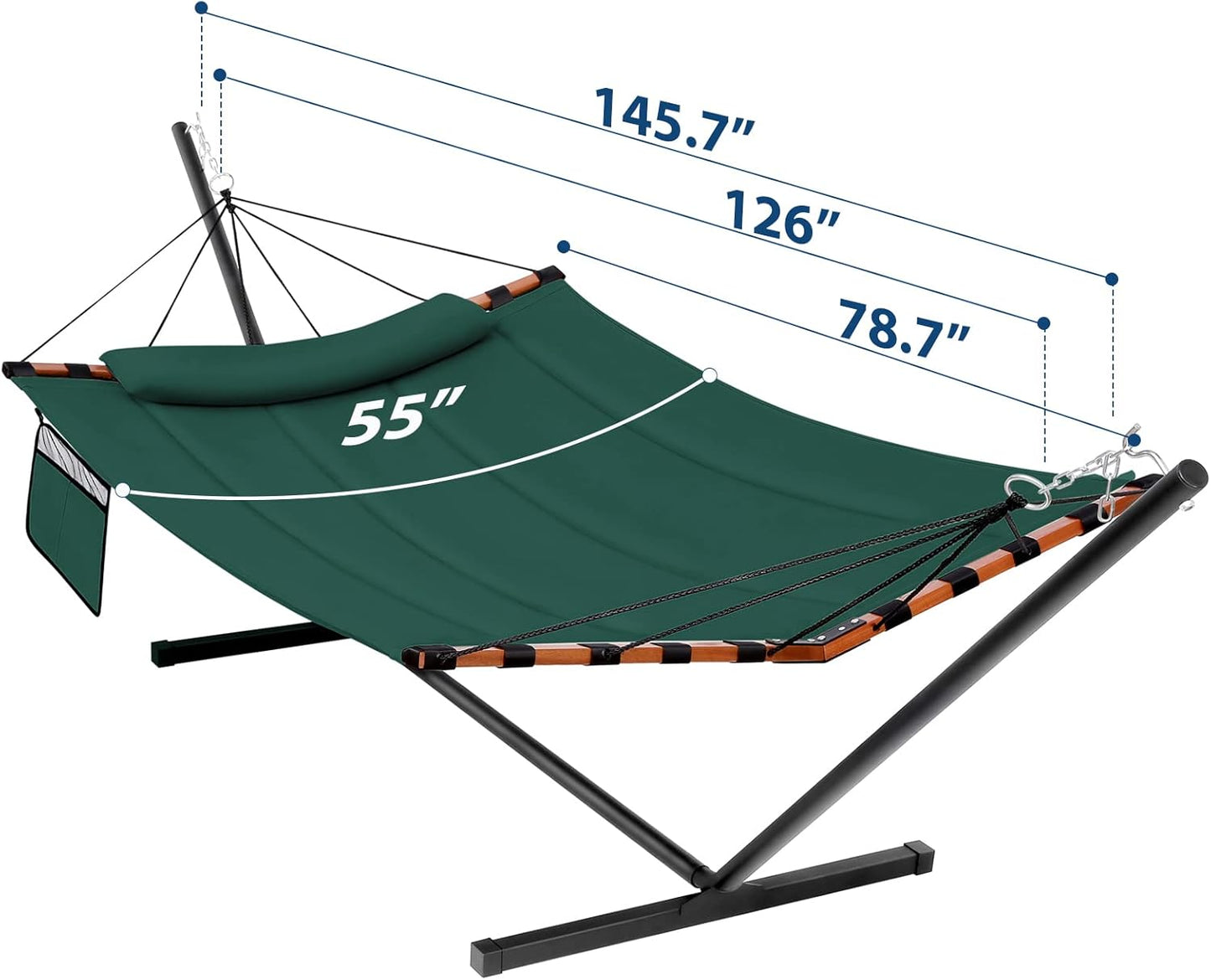 TegerDeger 12FT 2 Person Hammock with Stand Included 55 x 79IN Large Hammock 450LB Capacity with Hardwood Spreader Bar & Nylon Rope for Outside, Patio, Garden, Backyard, Beach, Poolside - Dark Green