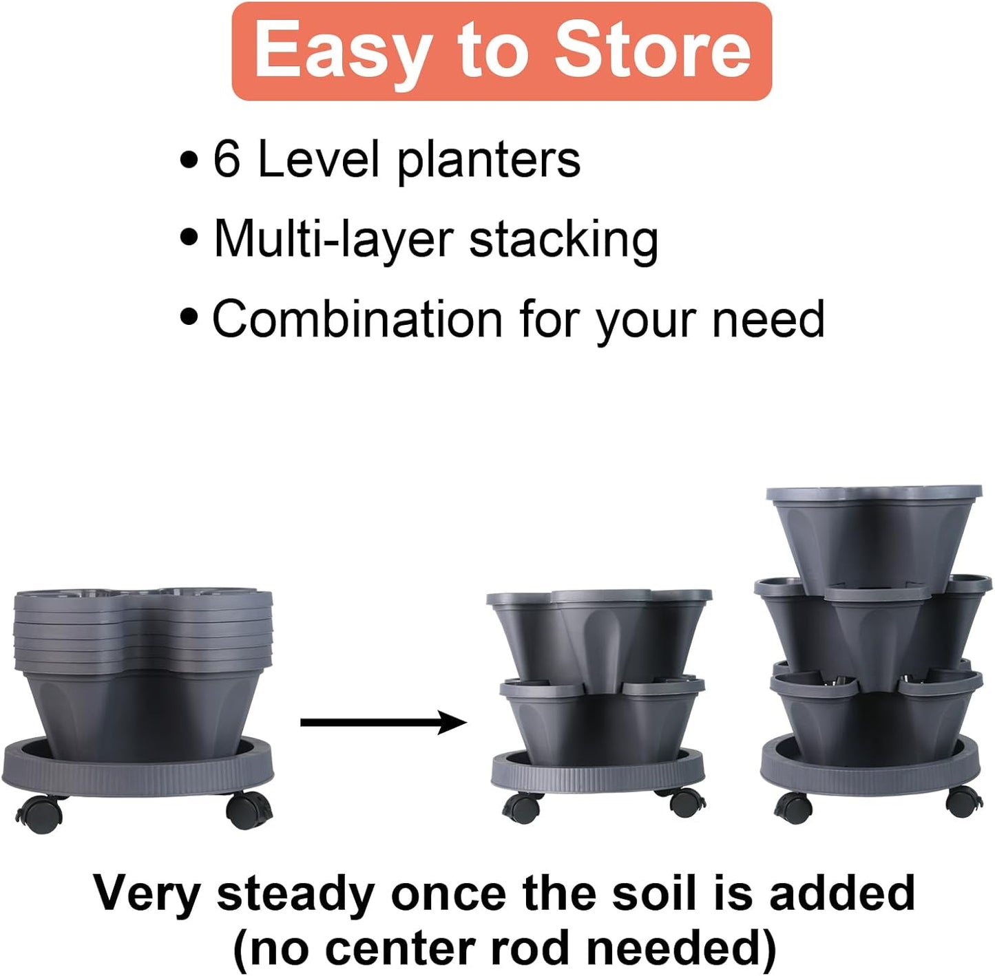 DUNCHATY Stackable Planter, Vertical Garden Planter with Wheels and Tools, Self Watering Strawberry Planter Indoor/Outdoor 6 Tier Herb Planter Pots for Growing Vegetables and Succulents, Dark Gray