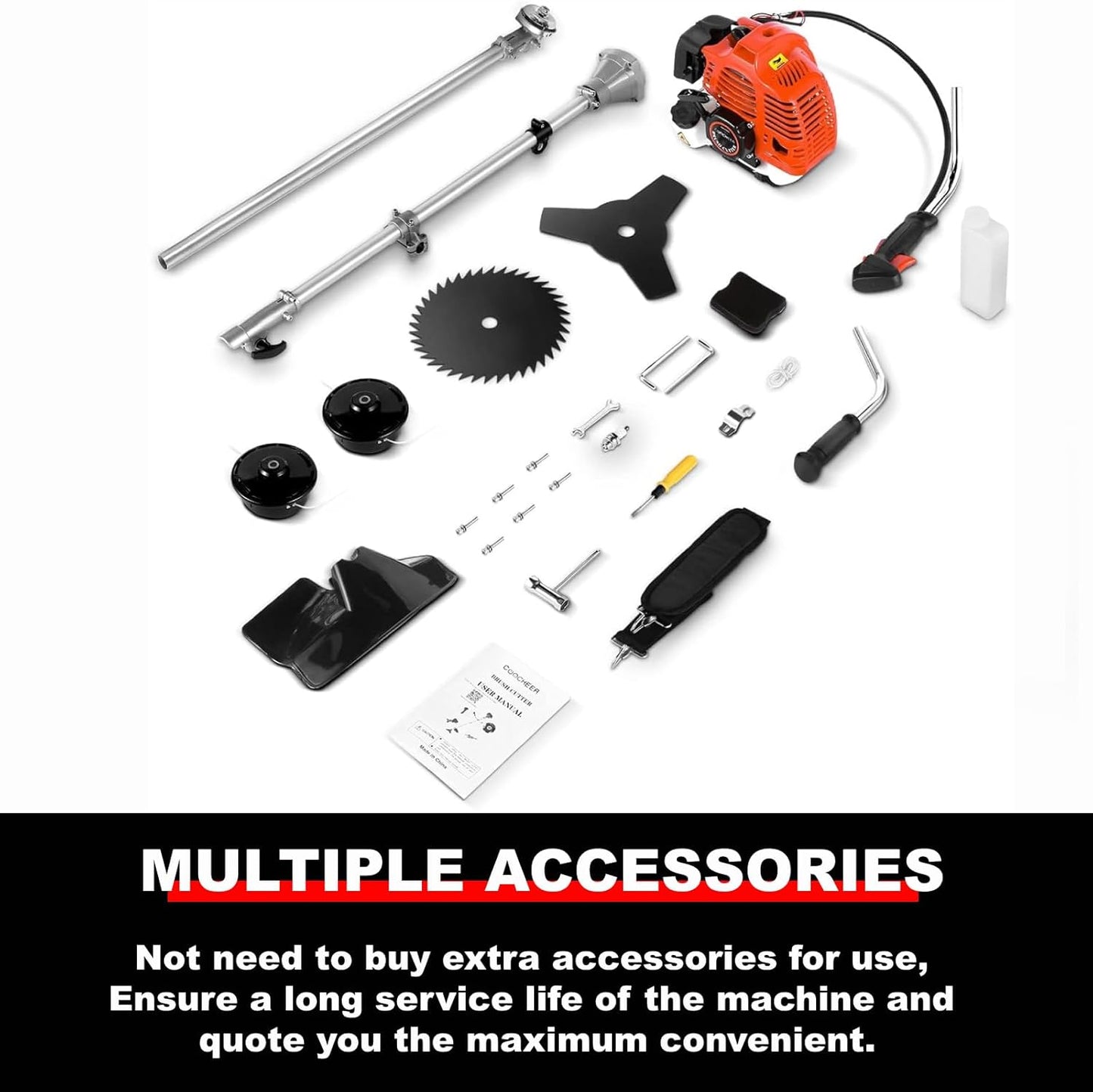 COOCHEER 58cc Gas Weed Eater, 4 in 1 String Trimmer 2-Cycle Gas Powered Weed Wacker Brush Cutter with 18.5’’ Cutting Path, Straight Shaft Weed Trimmer Grass Cutter for Yard, Garden Care, Orange