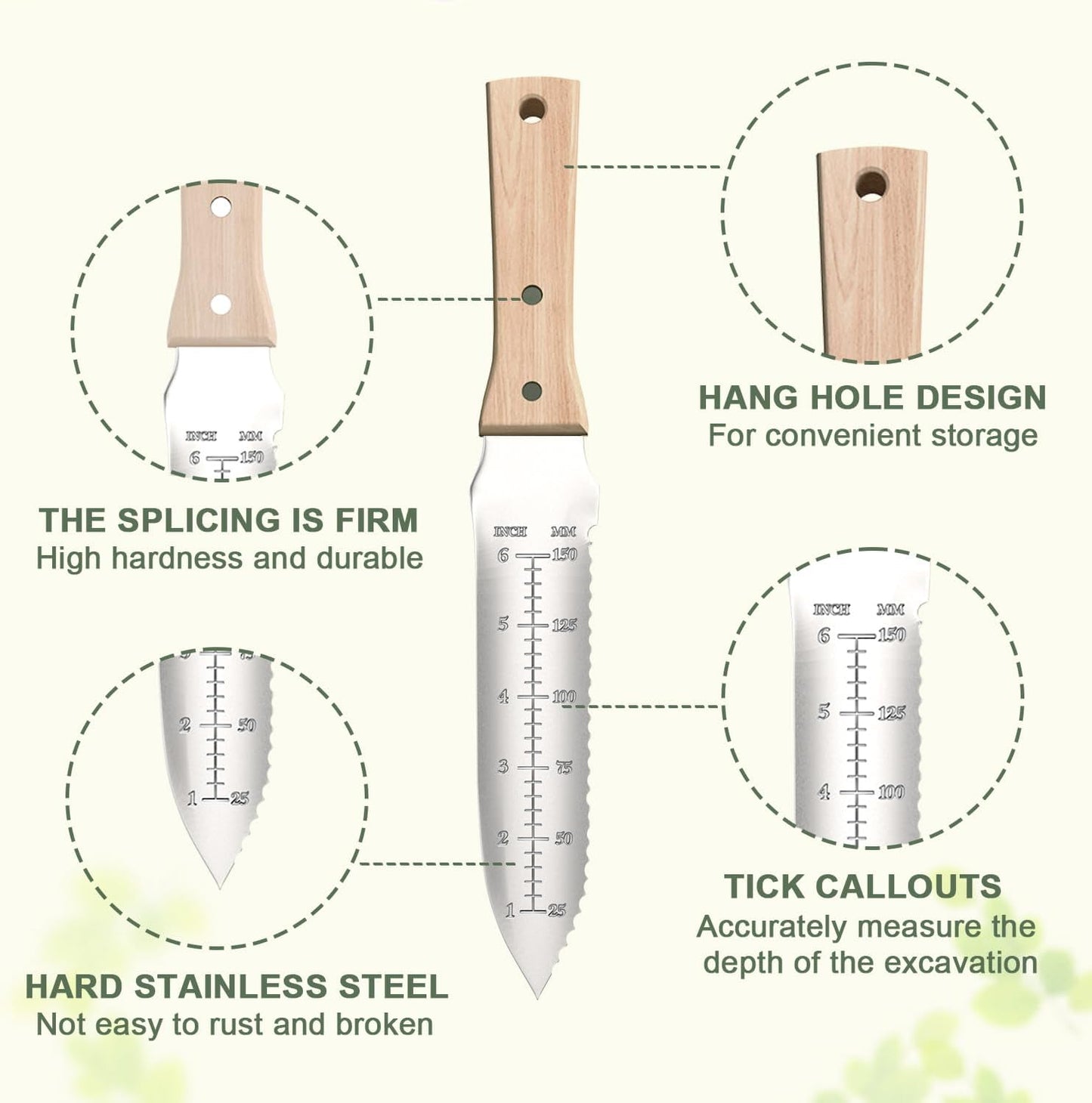 ZHENHAN Hori Hori Garden Knife- 7.2" Multi-Purpose Garden Knife with Heavy-Duty Stainless Steel Blade & Ergonomic Grip for Digging,Planting,Weeding(Silver)