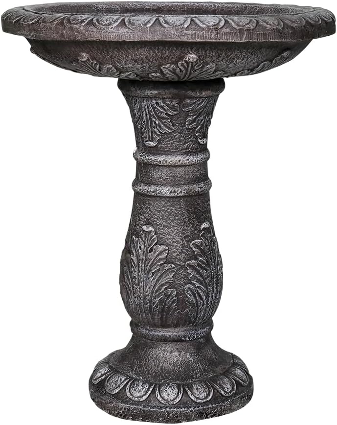 SunJet 24.4” H x 20” Dia Outdoor Birdbath with Intricate Floral Carvings Pedestal - Fibre Reinforced Concrete Birdbaths, Vintage Design for Garden Decor & Bird Attraction