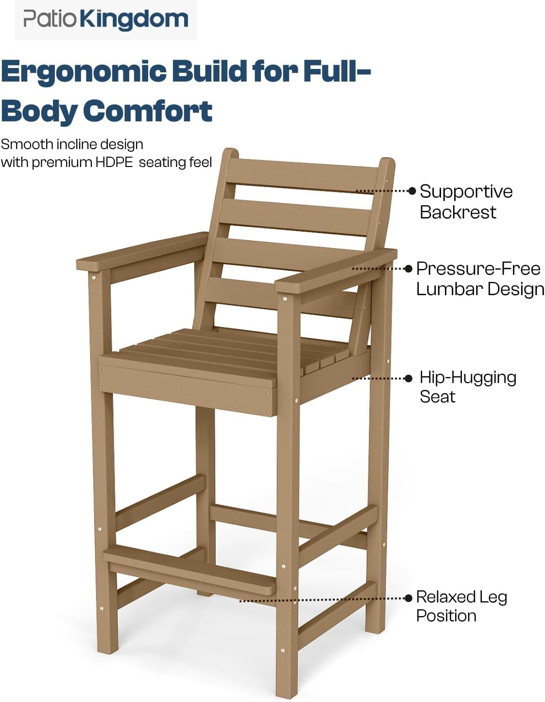 Outdoor Bar Set, 3-Piece HDPE Balcony Set with 2 Tall Adirondack Chairs and Bar Table, All-Weather Bar Height Stools for Patio, Backyard, Poolside (Brown)