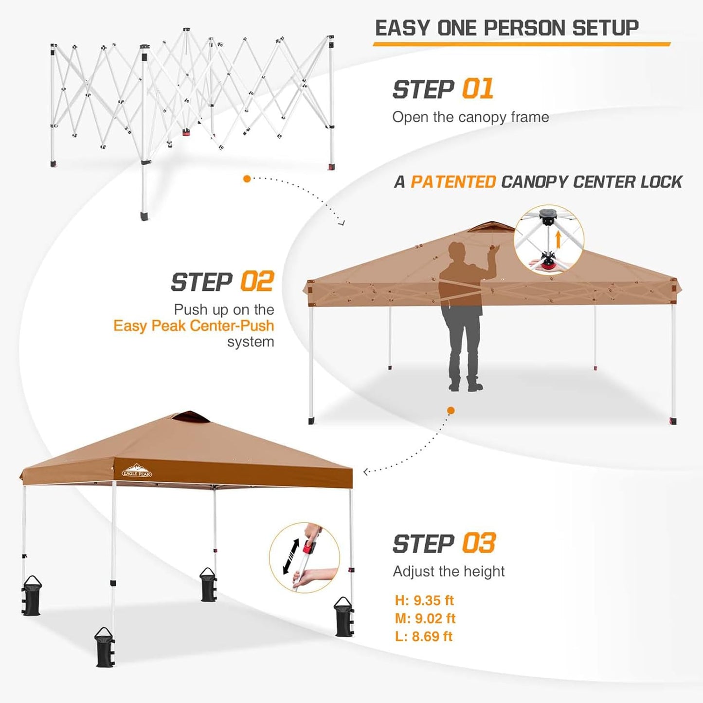EAGLE PEAK Pop Up Canopy Tent with Wheeled Carry Bag, 8 Stakes, 4 Ropes, 4 Weight Bags, Easy Set Up Tent Canopy, 10x10 ft, 100sqft of Shade, Khaki