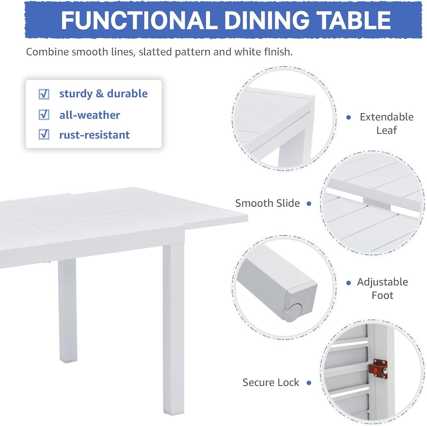 Soleil Jardin Aluminum Patio Extendable Dining Table, 59" - 83", Adjustable Indoor Outdoor Furniture Rectangle Table for 6-8 Person Porch Deck Garden, White