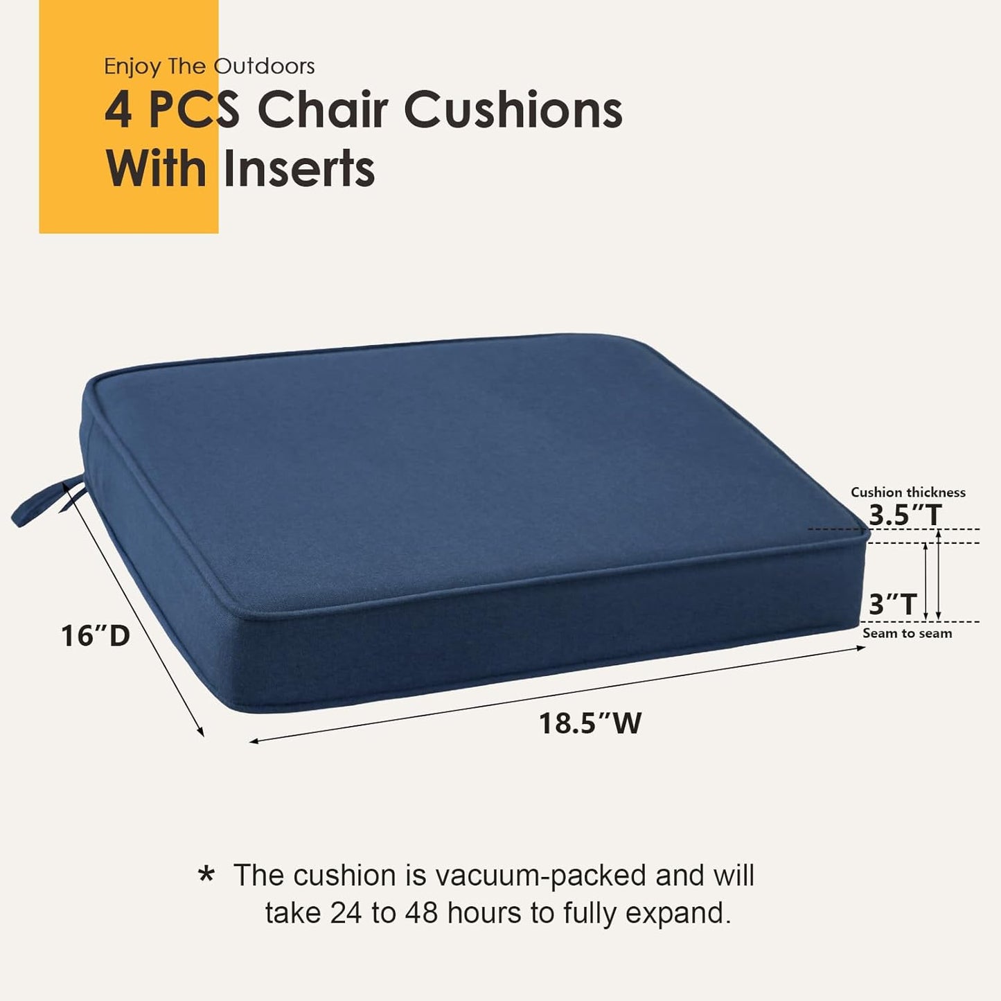 Outdoor Sunbrella Square Corner Seat Cushion, 18.5"x16"x3", Set of 4, Non Slip Seat Cushion Pads with Removable Cover for Patio Furniture, Garden Yard Lawn, Specrtum Indigo