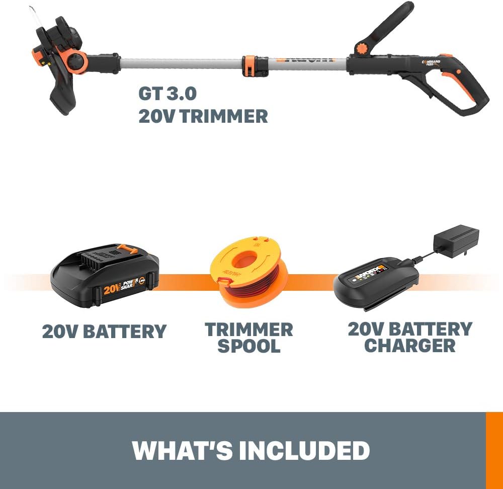 Worx String Trimmer Cordless GT3.0 20V PowerShare 12" Edger & Weed Trimmer (2 Batteries & Charger Included) WG163