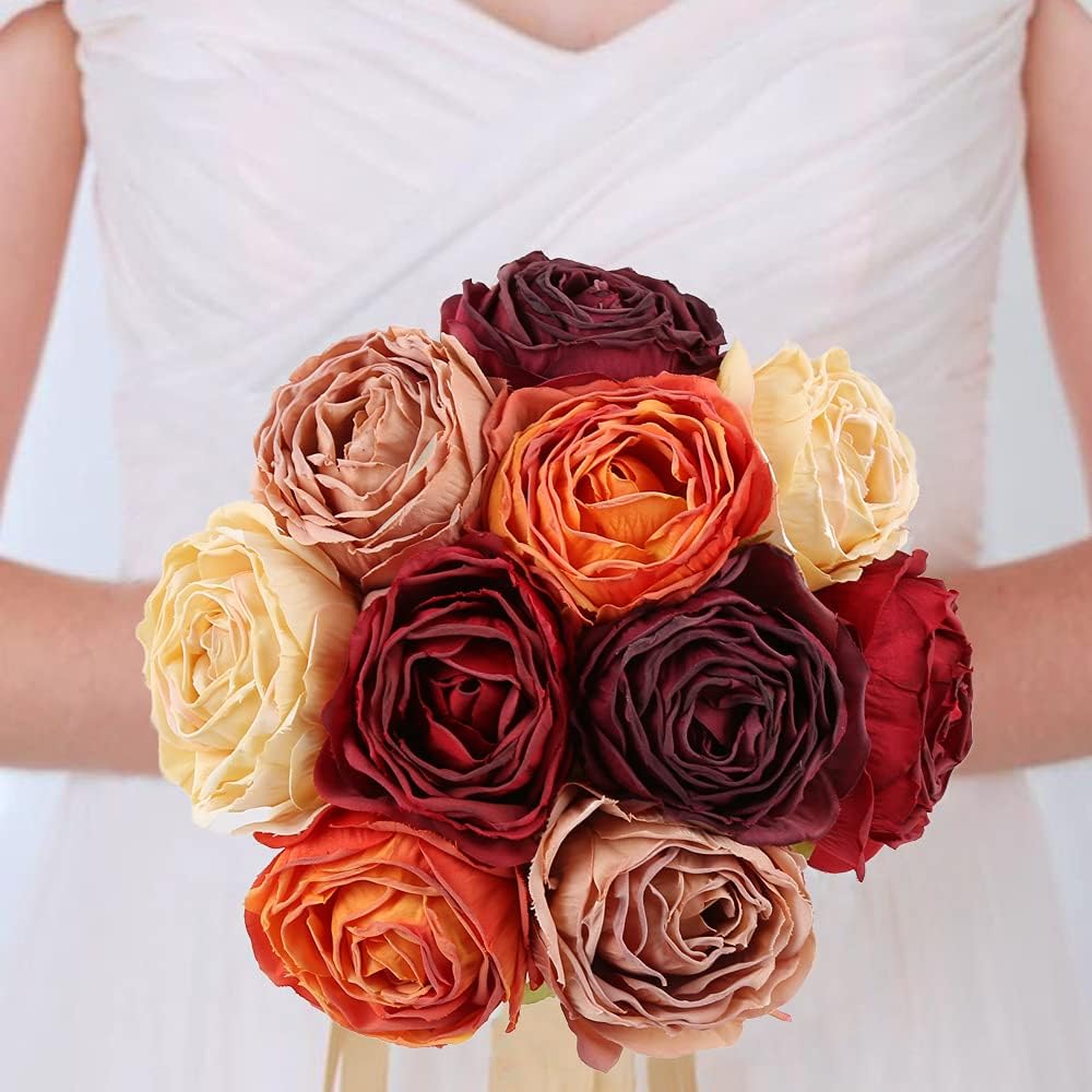 IPOPU Artificial Flowers Rose Heads 25PCS Artificial Rose Flower for Decorations Dried Flower Rose Heads Bulk for Wedding Flower Wall Decor Bridal Party Room Decor (Sunset Mixed)