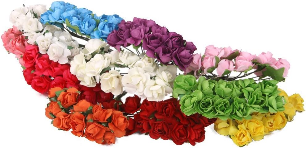 Mini Fake Rose Flower Heads 144pcs Mini Artificial Mulberry Paper Roses Flower with Wire Stem DIY Wedding Flowers Accessories Make Bridal Hair Clips Headbands Dress (Orange)