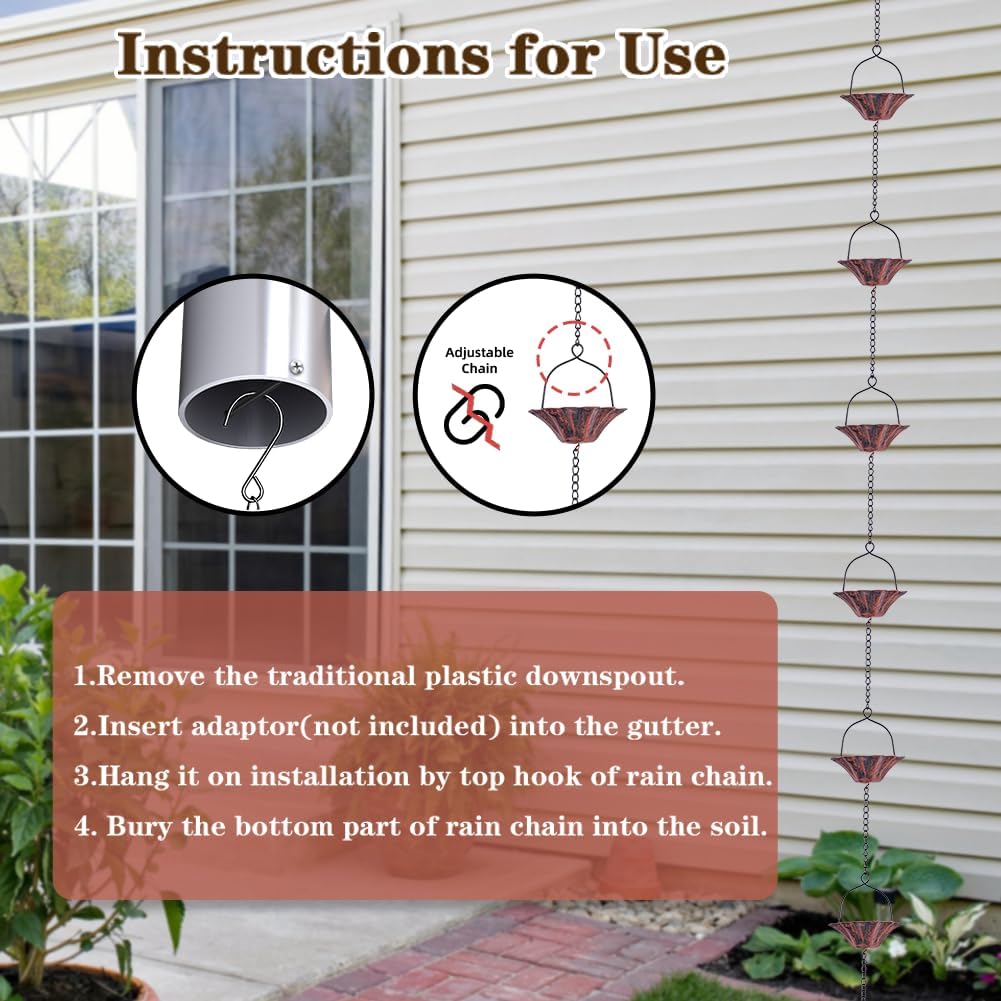 10FT Lotus Rain Chain, Rain Chains for Gutters with 12 Cups, Adjustable Rain Catcher Chain with Bell for Eaves Drainage, Replacement for Downspout