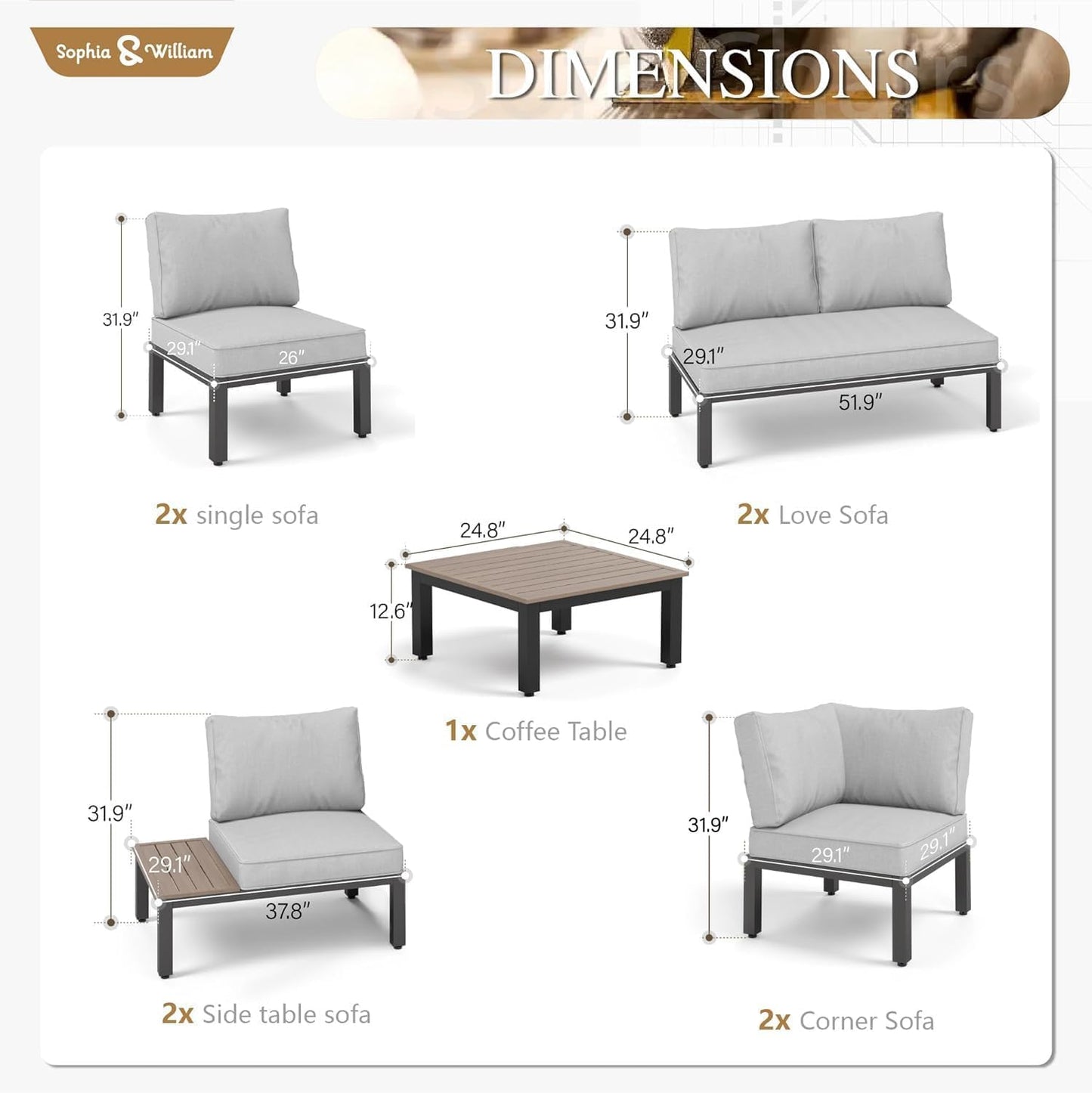 Sophia & William 9PCS Patio Furniture Set, Metal Outdoor Sectional Sofa Patio Conversation Set-2 Single Sofa with Side Table, 4 Single Couch, 2 Loveseat, 1 Tea Table