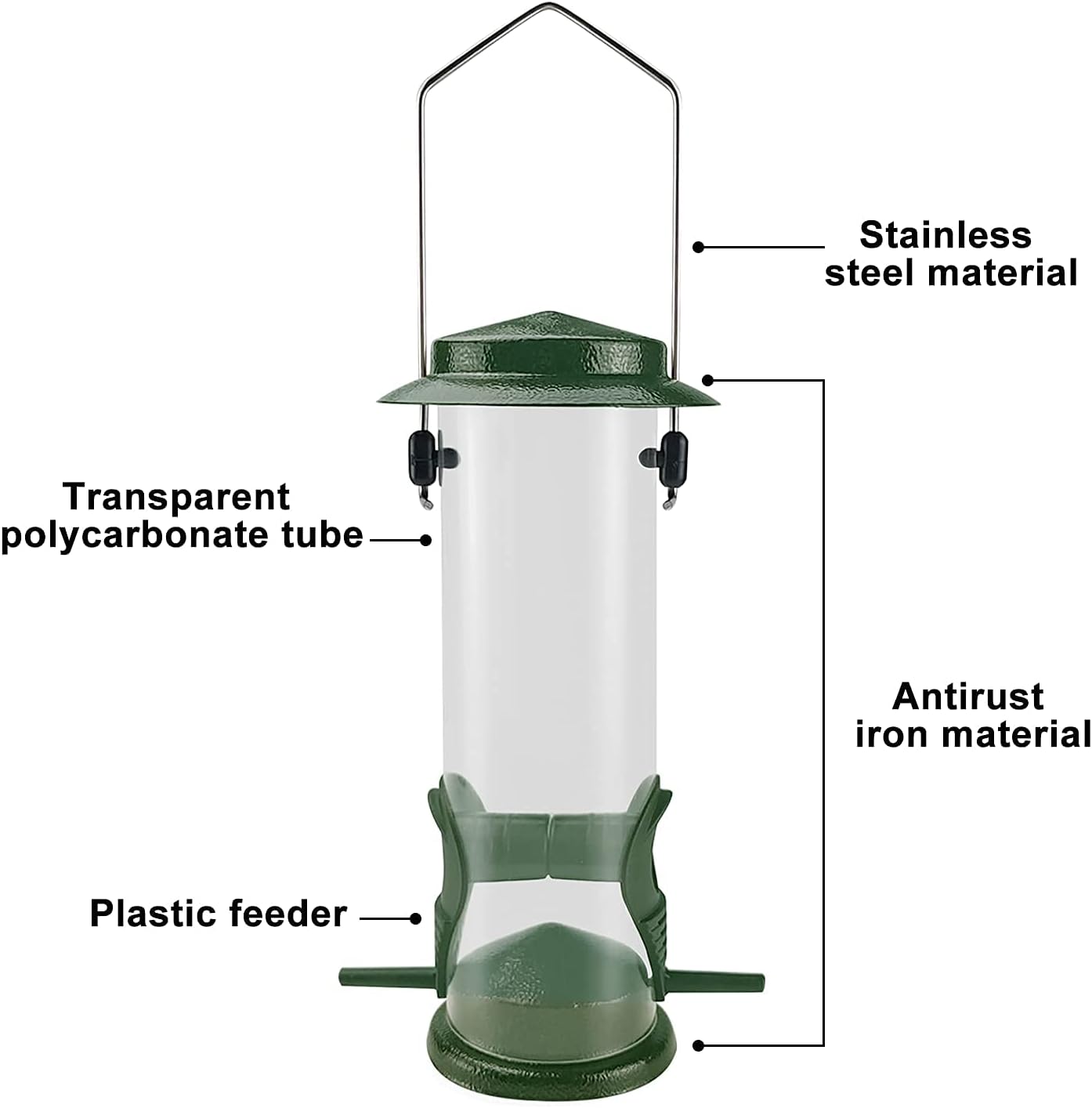 MIXXIDEA Wild Bird Feeders For Outdoors Hanging Stainless Steel Hanging Bird Feeder Tube, Finch Feeder For Garden Backyard Decoration Attractive Water Resistant Bird Feeders For Outside Green - 2 Pack