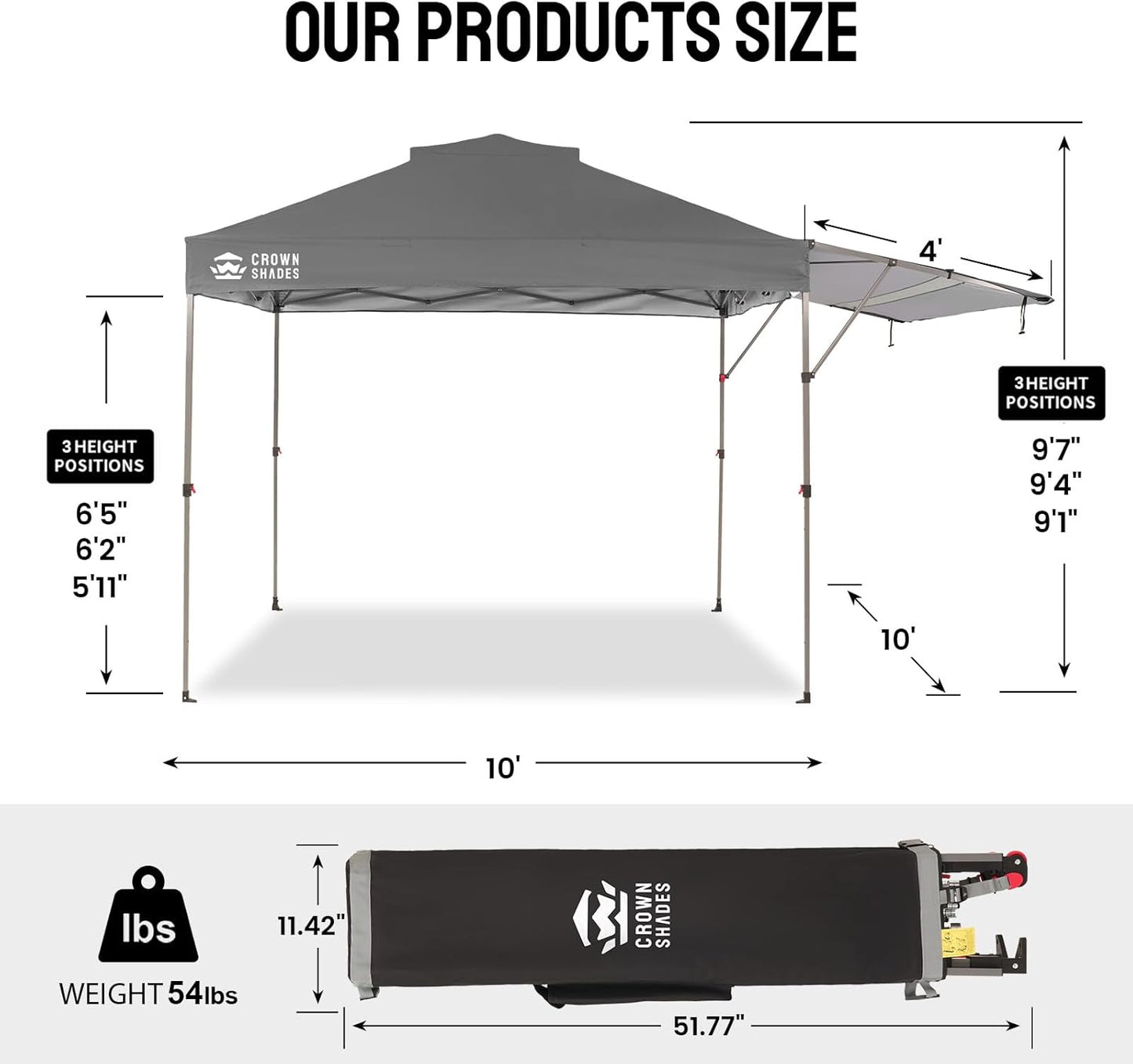 CROWN SHADES 10x10 Pop up Canopy Tent, Instant Commercial Canopy with Extend Awning, Patended Centerlock, 150D Silver Coated Fabric, 4 Ropes, 8 Stakes, 4 Weight Bags, STO 'N Go Bag, Grey