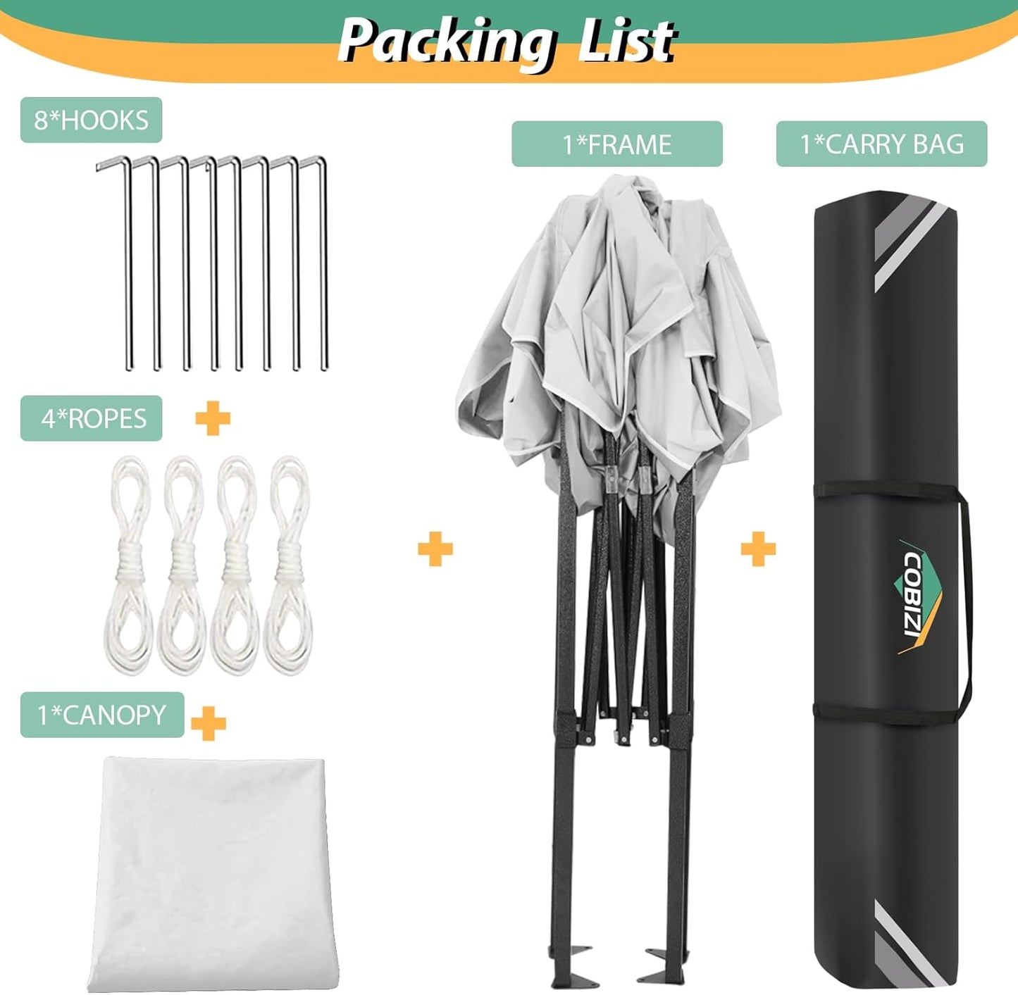 COBIZI 6.6x6.6ft Pop Up Canopy Tent, Heavy Duty Canopy Easy Set up All Weather Waterproof Outdoor Canopy Tent for Parties, Beach, Garden, Camping with 1 Handbag, 3 Adjustable Heights, UPF50+, White