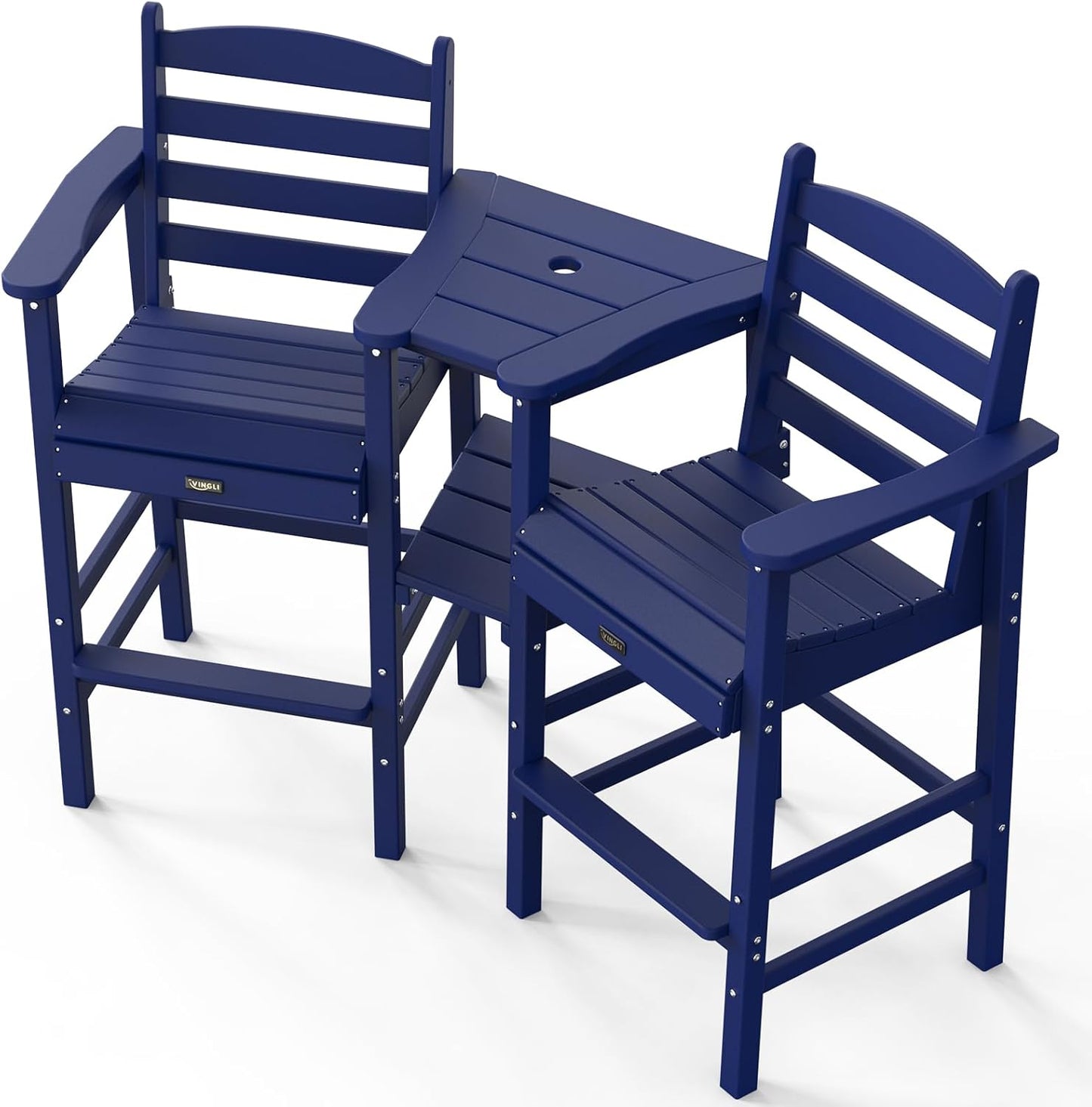 VINGLI Tall Adirondack Chairs Set of 2 with Removable Double Connecting Trays, HDPE Weather Resistance Outdoor Bar Stools Poly Deck Chairs for Patio Pool, 350LBS Capacity (Navy Blue)
