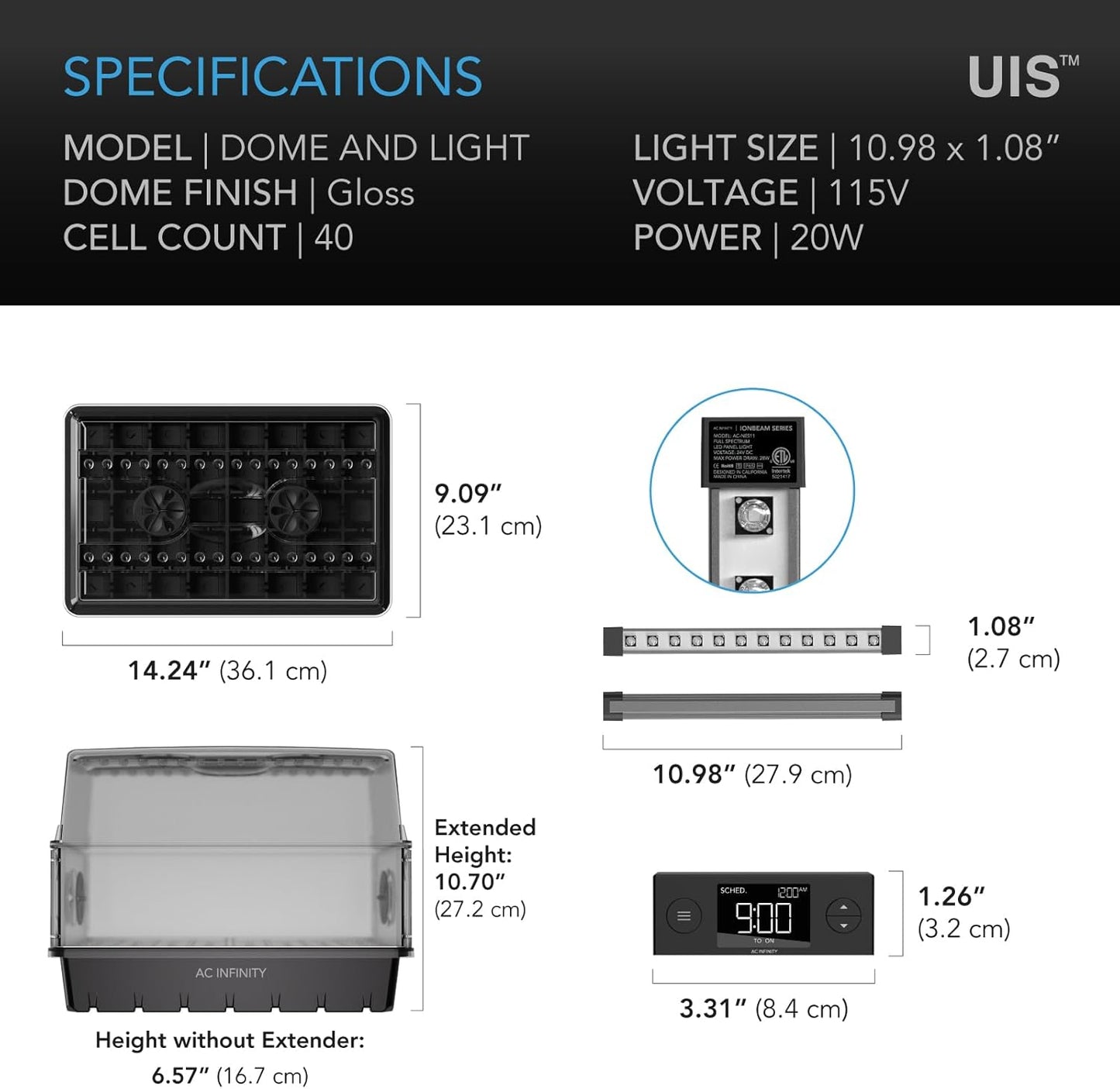 AC Infinity Heavy-Duty Humidity Dome with Full Spectrum LED Grow Light Bars, Samsung LM301H EVO Diodes, Drip Tray, 5x8 Cell Seedling Tray, 3mm Thick Dome and Vented Extension Panels, for Seed Starting
