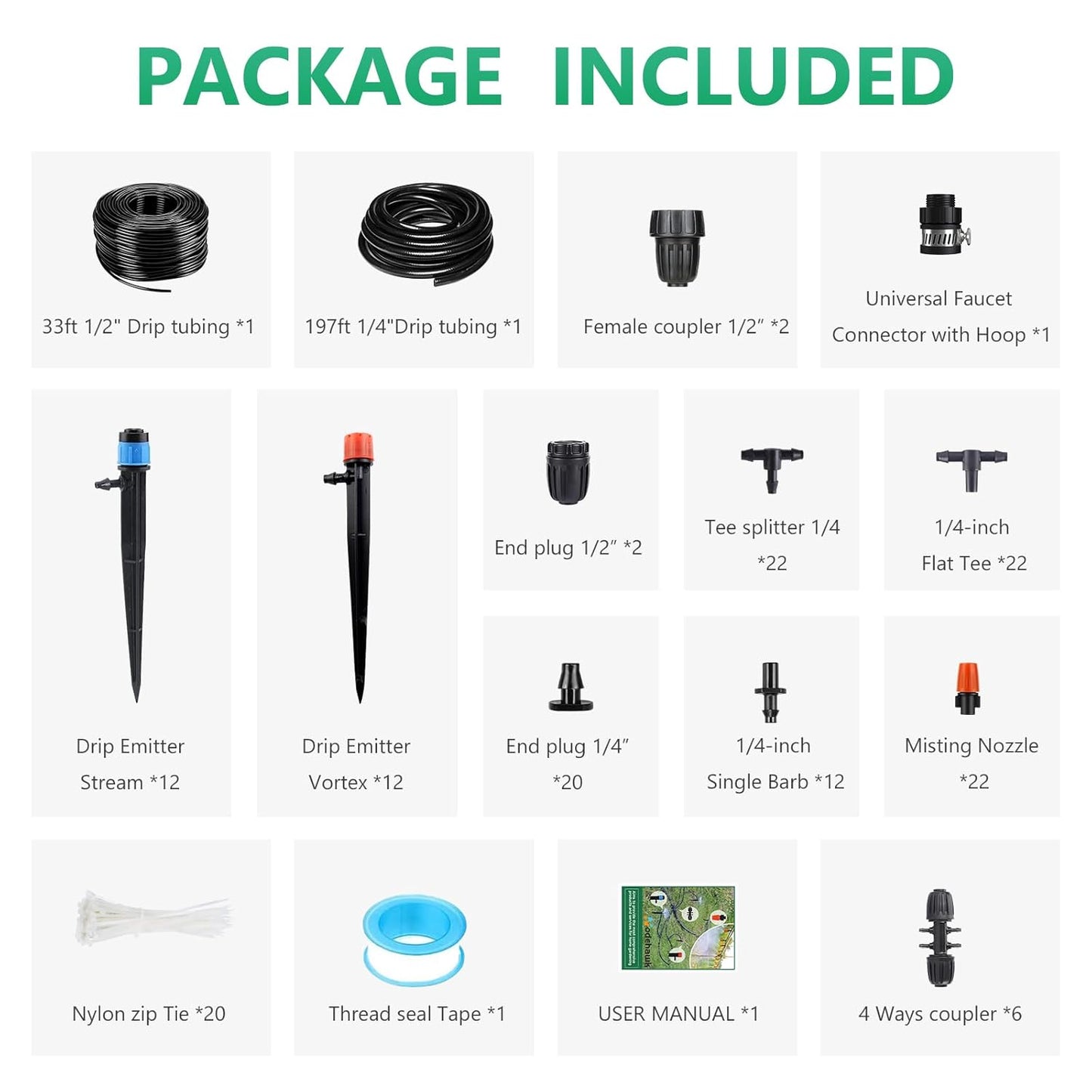 240FT Drip Irrigation System, Automatic Drip Irrigation Kit with 1/2 inch Hose 1/4 inch Distribution Tubing and Accessories for Greenhouse, Yard, Lawn, Plant