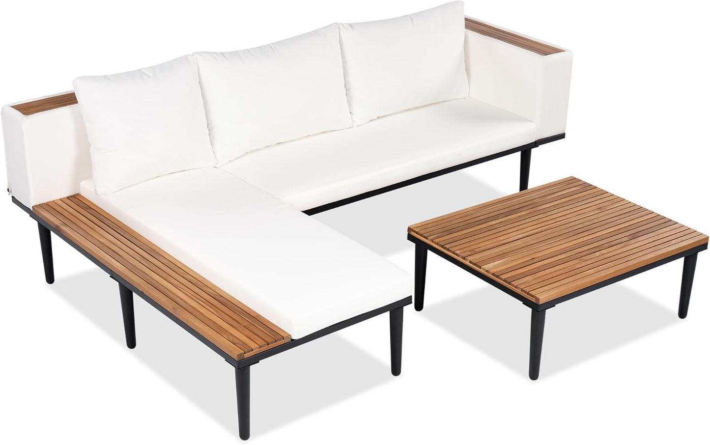 Acacia Wood Patio Furniture Set, Luxury Outdoor Conversation Sectional Sofa with Removable Cushions and Coffee Table, Side Table, L-Shaped Sofa Set for Backyard, Porch (Beige/17)