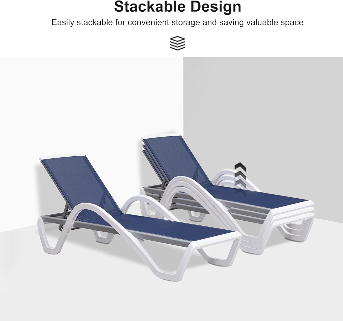 PURPLE LEAF Patio Chaise Lounge Chair Set of 3 Outside Aluminum Plastic Stackable Tanning Chairs with Armrests and Side Table for Pool Sunbathing Beach Deck Outdoor Lounger, Navy Blue