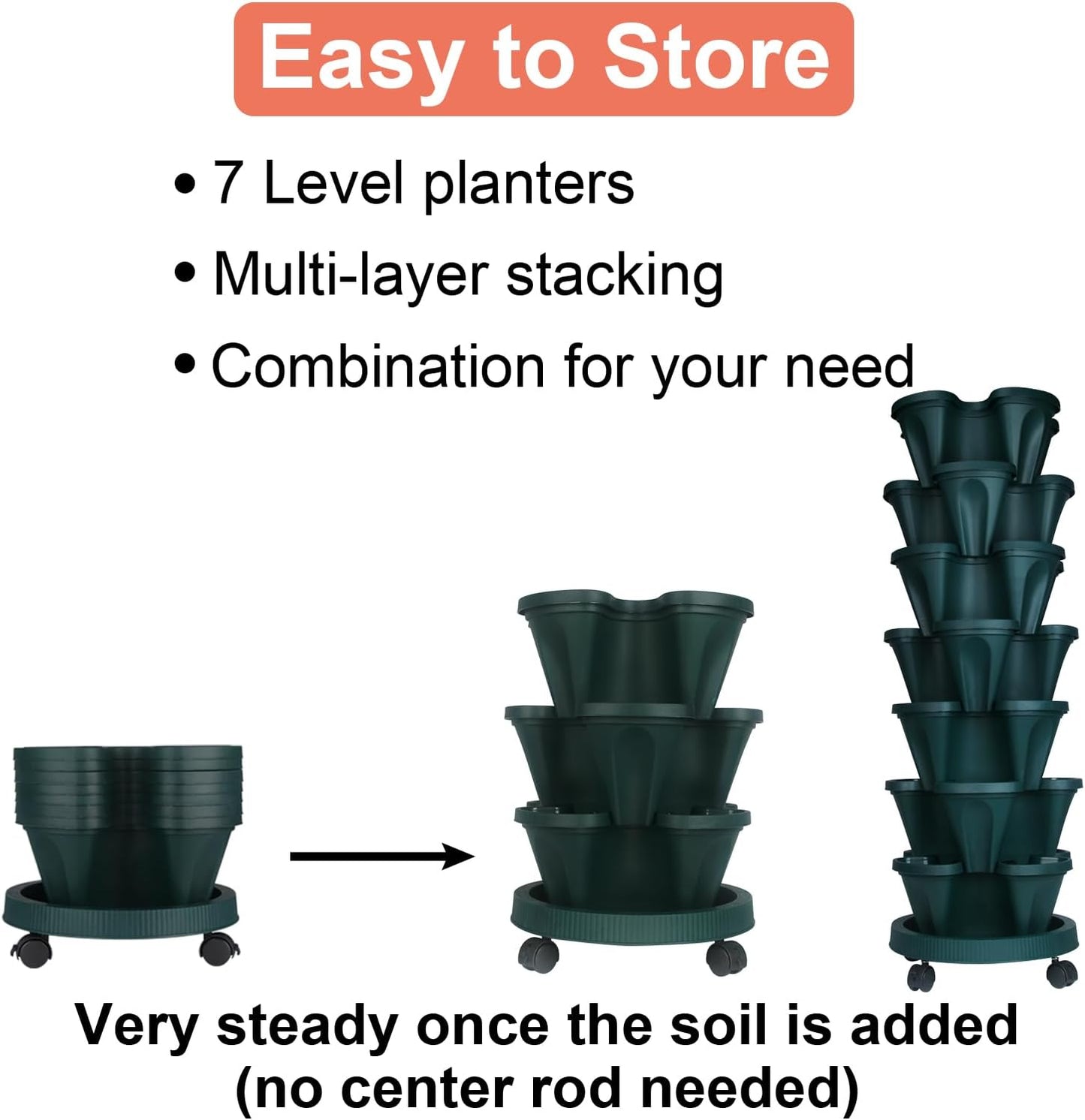 DUNCHATY Stackable Planter, Vertical Strawberry Planter with Garen Tool Set, Self Watering Garden Planter Indoor/Outdoor 7 Tier Herb Planter Pots for Growing Vegetables and Succulents, Pine Green