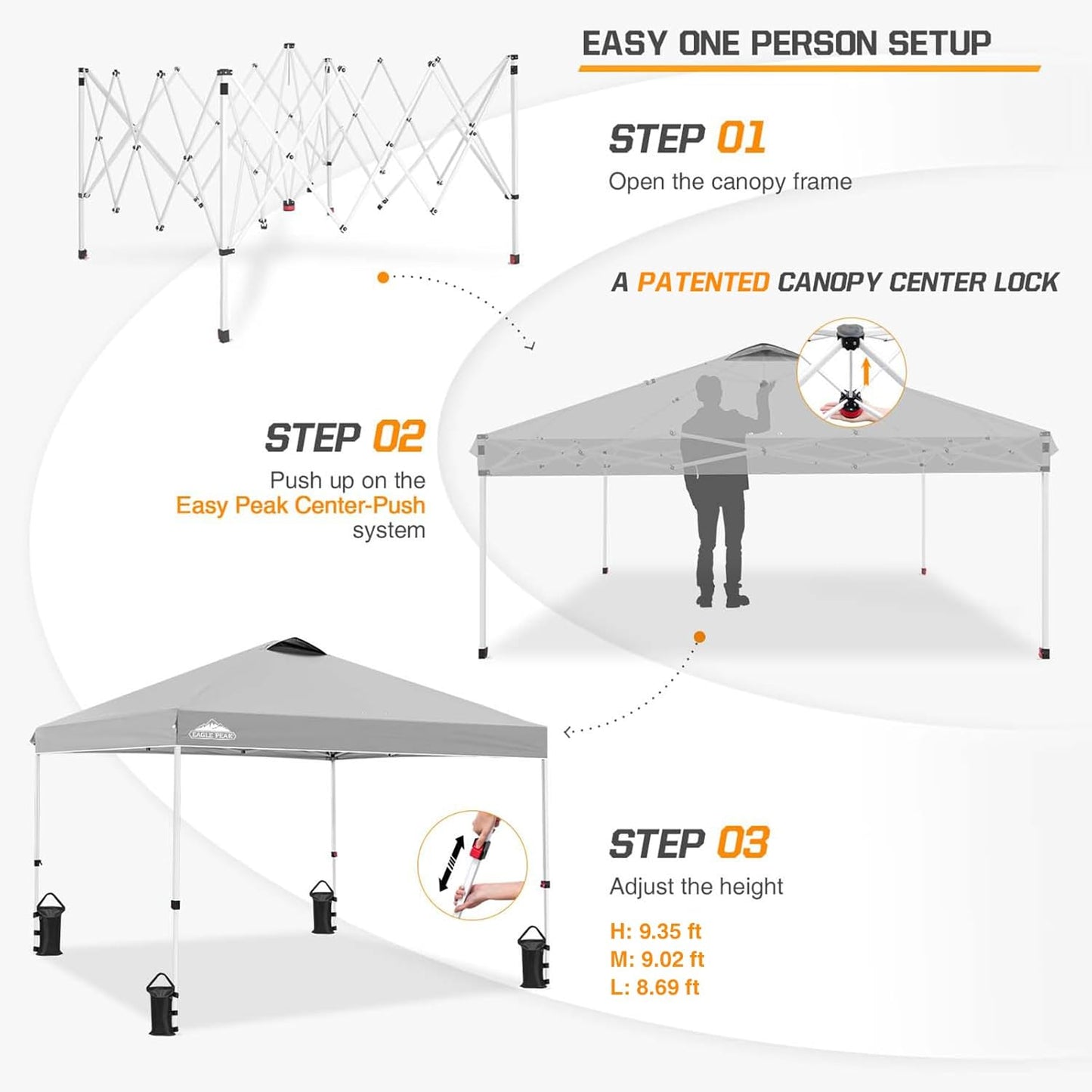 EAGLE PEAK Pop Up Canopy Tent with Wheeled Carry Bag, 8 Stakes, 4 Ropes, 4 Weight Bags, Easy Set Up Tent Canopy, 10x10 ft, 100sqft of Shade, Light Gray