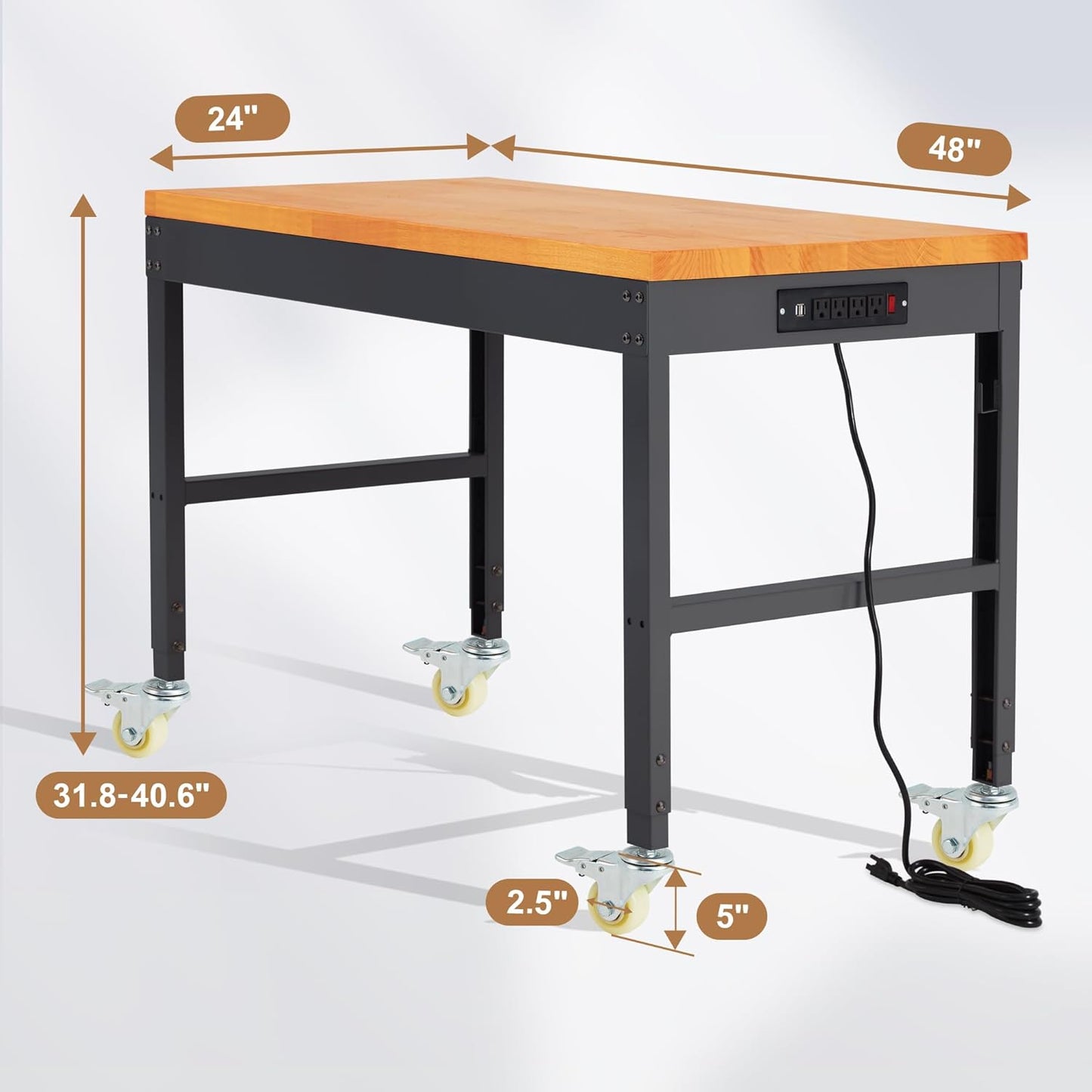 HABUTWAY Height Adjustable Workbench with Wheels 48" x 24" 2000 Lbs Capacity Solid Wood Work Station Heavy-Duty Rolling Work Tables for Garage Party Shop Office