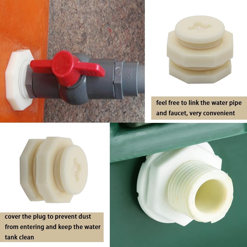 1/2" Female ABS Bulkhead Fitting, Plastic Water Tank Connector Adapter Fitting with Plugs for Outdoor rain Barrel Garden Hose Adapter Spigot kit Water Tank Gallon Drain Bucket(Set of 2)