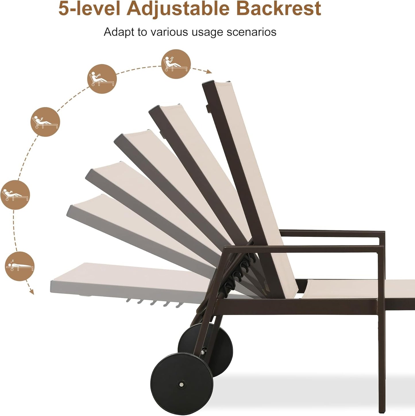 PURPLE LEAF Pool Lounge Chairs Set of 3 Aluminum Outdoor Lounge Chairs with Wheels and Armrests Adjustable Patio for Deck Outside Lawn Garden, Sand Beige