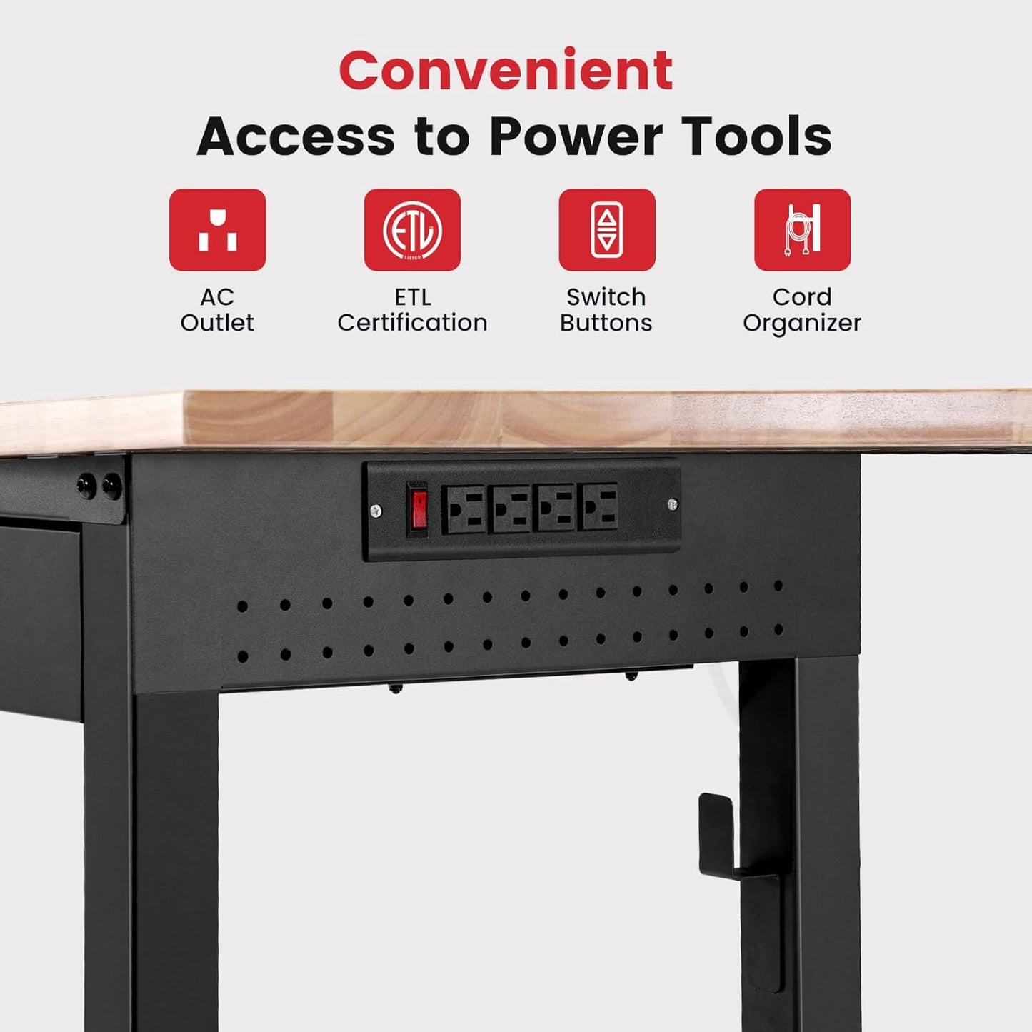 Work Bench with Drawers Adjustable Workbenches for Garage 60 Inch Rubber Wood Top Garage Workbench with Pegboard,Power Outlets for Woodworking, Home, Office, Workshop