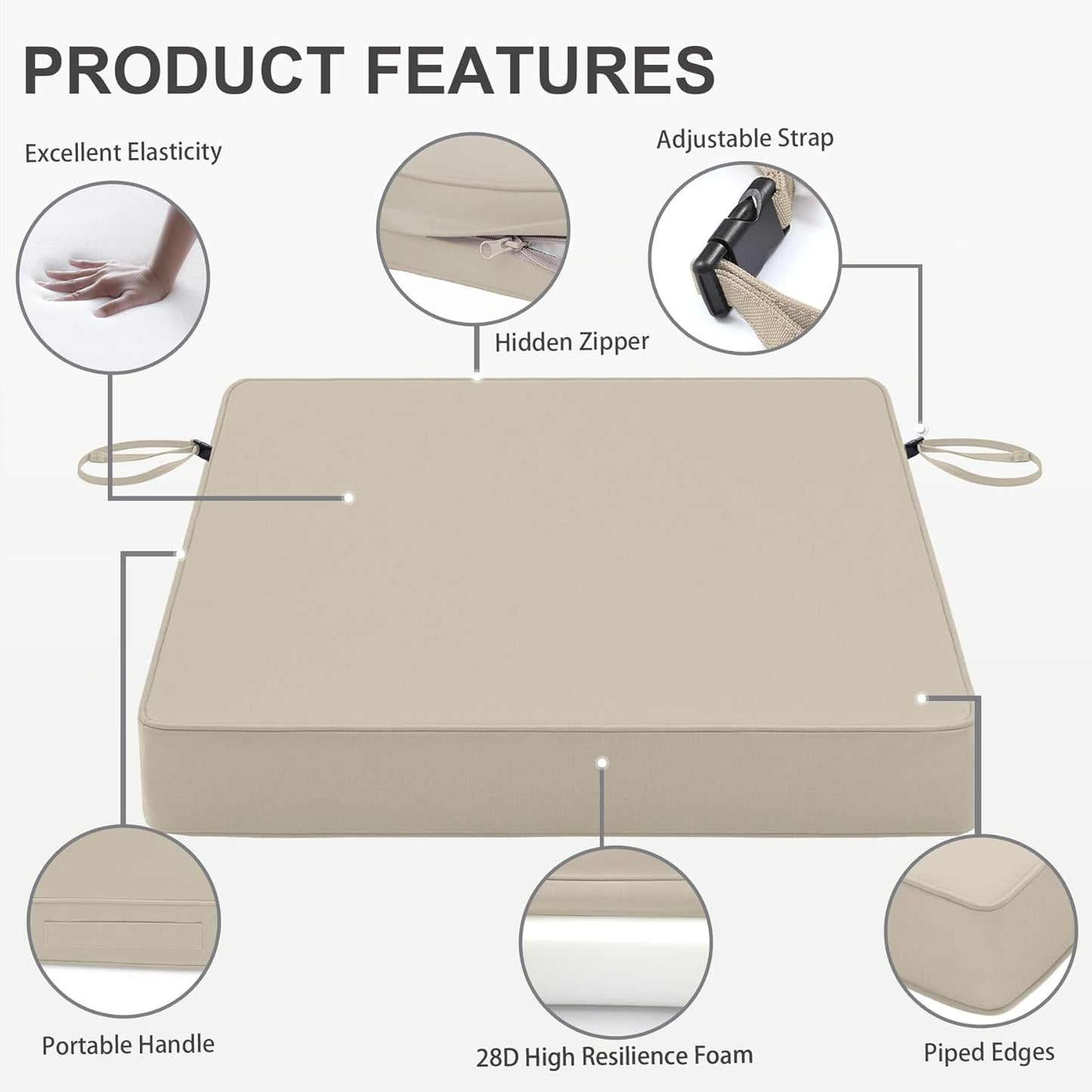 Favoyard Patio Chair Cushions 18.5 x 16 x 3 Inch Waterproof Outdoor Seat Cushions for Patio Furniture 3-Year Color Fastness Garden Sofa Couch Chair Pads with Handle & Adjustable Straps Set of 2, Beige