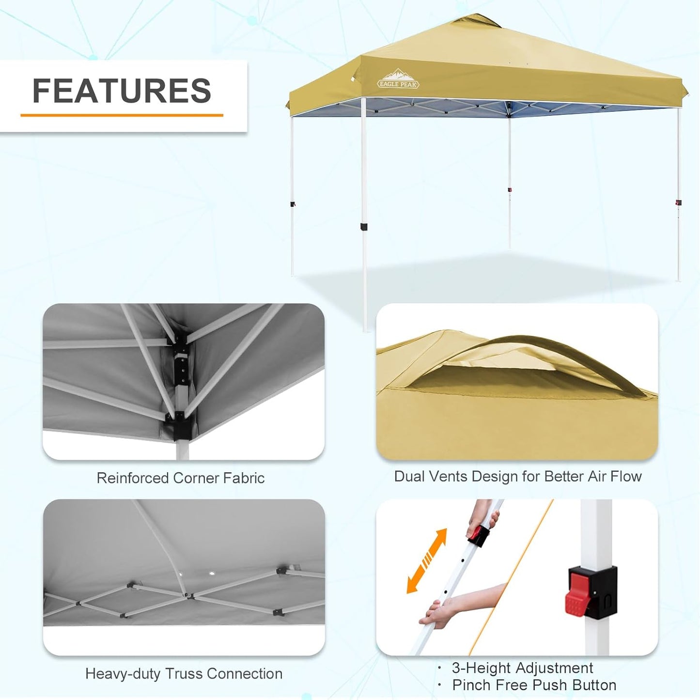 EAGLE PEAK Pop Up Canopy Tent with Wheeled Carry Bag, 8 Stakes, 4 Ropes, 4 Weight Bags, Easy Set Up Tent Canopy, 12x12 ft, 144sqft of Shade, Beige
