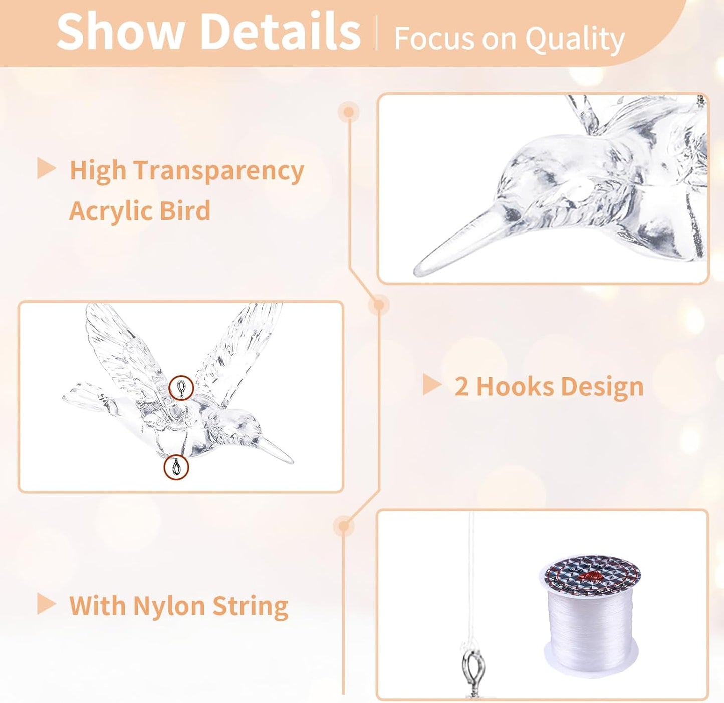 NUPTIO Crystal Ceiling Hanging Ornaments: 30 Pcs Acrylic Flying Birds for Wedding Party Window Garden Bedroom Outdoor Birthday - Christmas Tree Decorations with Transparent Line