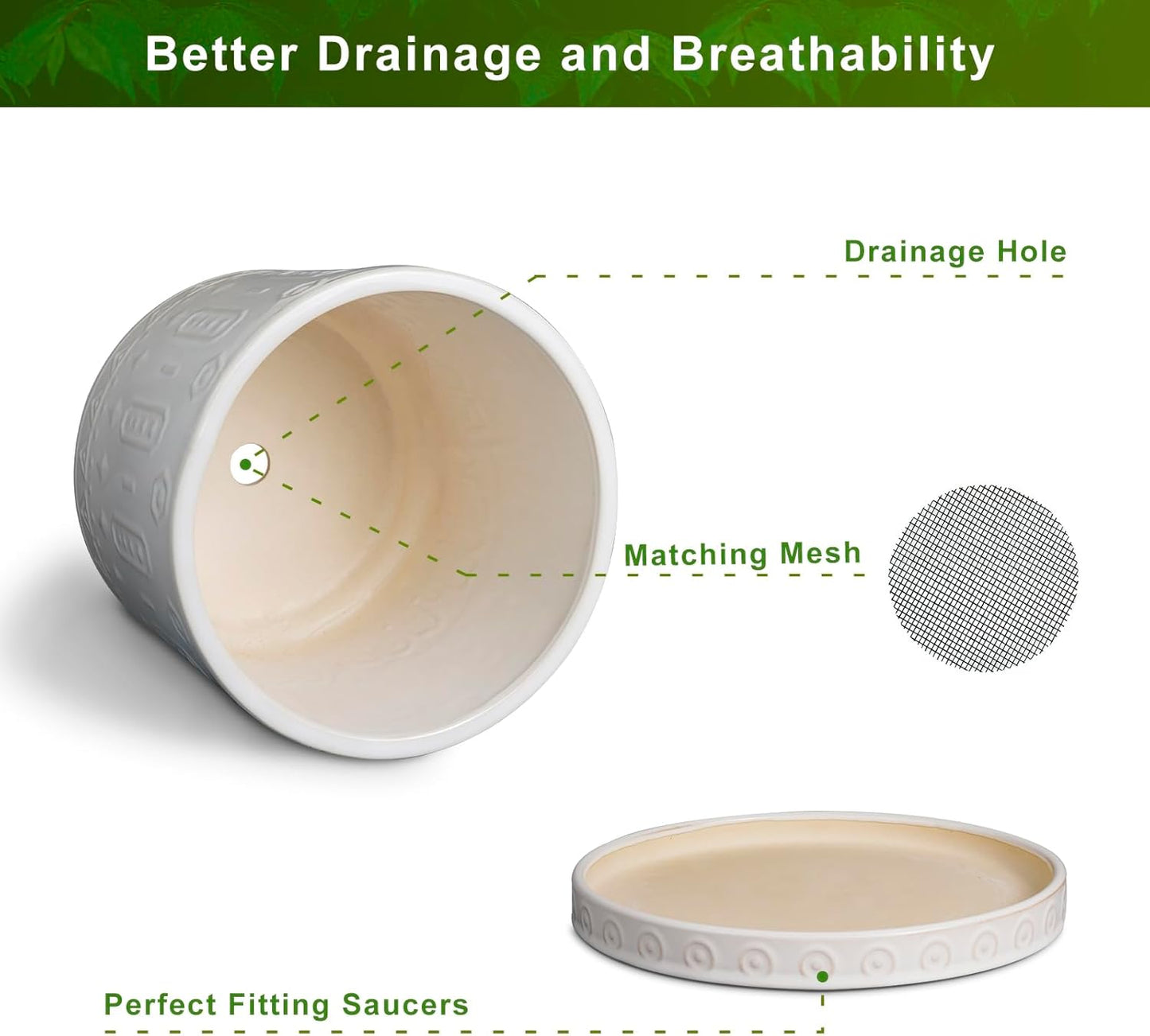 Pot for Plants 6 Inch - Ceramic Planter for Indoor Plants Decorative Plant Pot with Drainage Holes and Saucer Outdoor Flower Pot Modern Succulent Pots for Office Desk Decor White