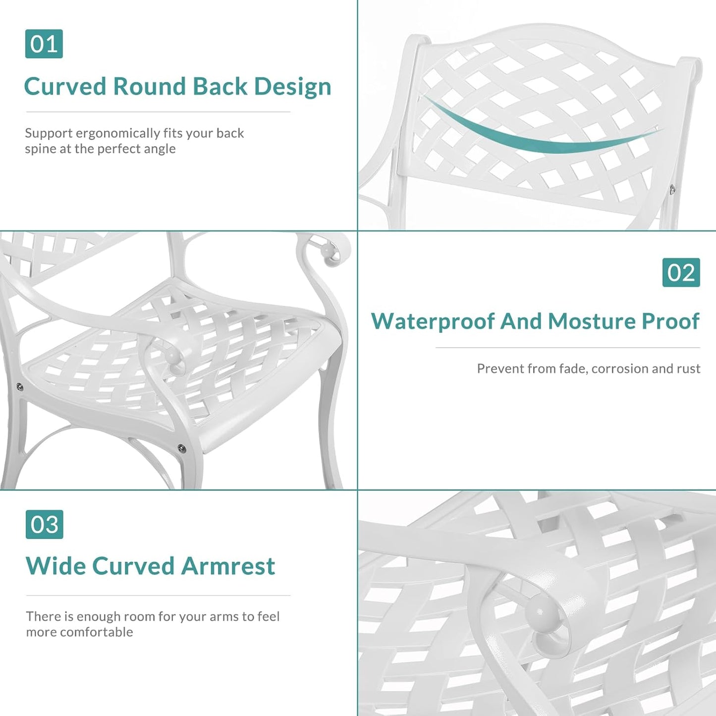 MEETWARM 3 Piece Patio Bistro Set, Outdoor All-Weather Cast Aluminum Dining Furniture Set Includes 2 Chairs and a 35.4” Round Table with Umbrella Hole for Garden Deck, White