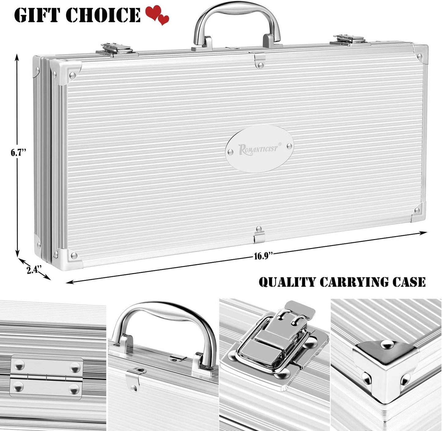 ROMANTICIST 30pcs Stainless Steel Grill Tool Set, Heavy Duty BBQ Grilling Accessories for Men Women, Non-Slip Grill Utensils Kit with Thermometer Mats in Aluminum Case for Fathers Day Silver