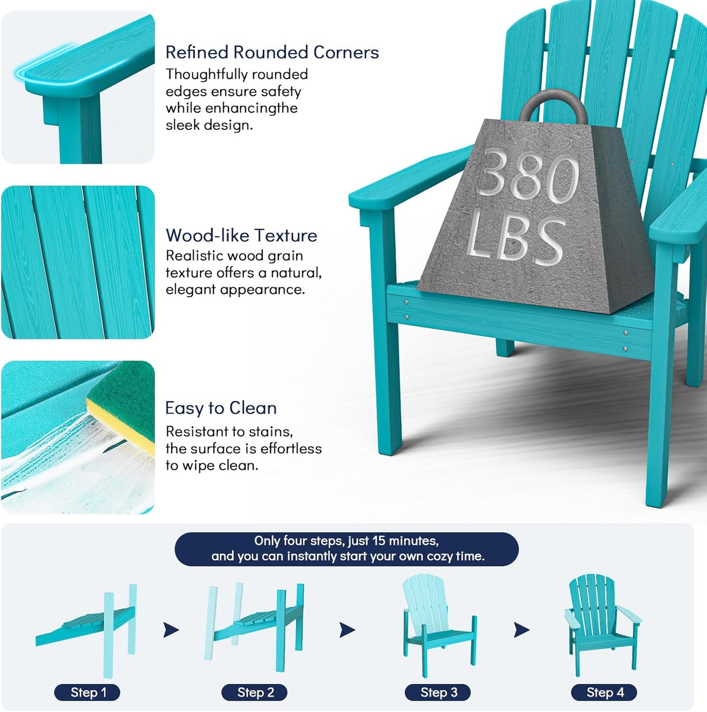 Stackable Adirondack Chair, HDPE Outdoor Patio Chair - Durable and Space Saving, Suitable for Porches, Lawns or Garden, Aruba